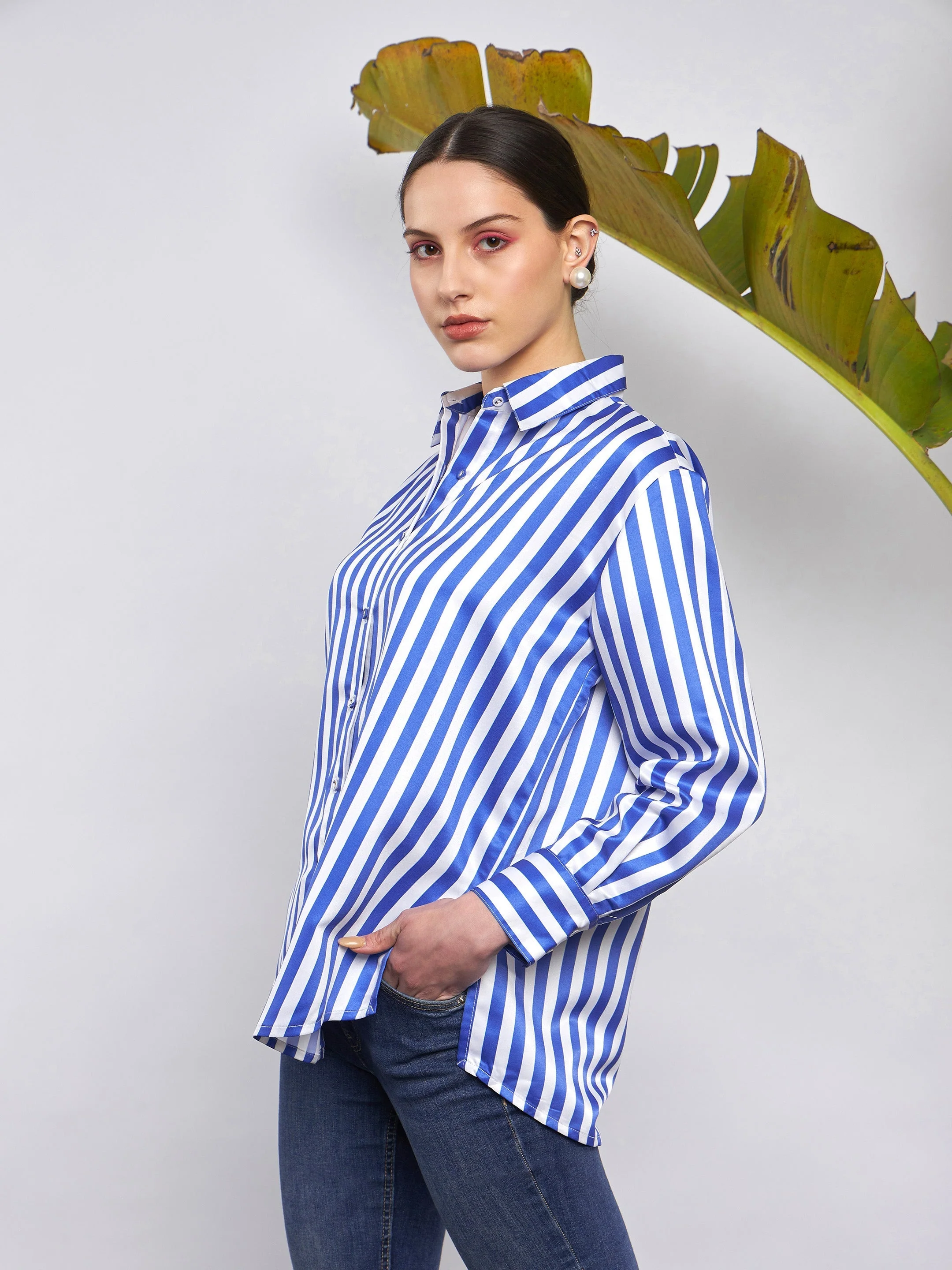 Women Blue & White Satin Striped Shirt - Image 6