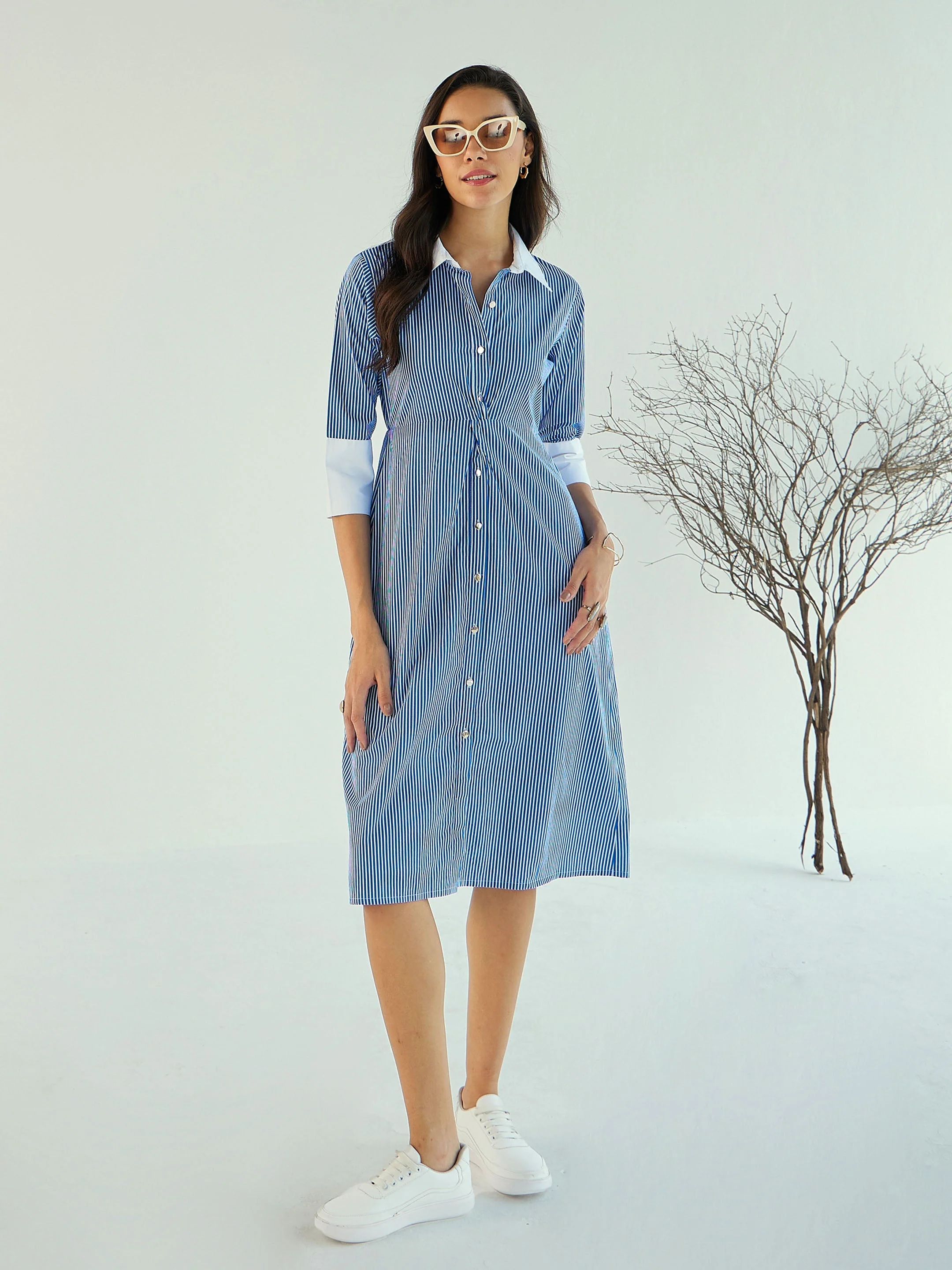 Women Blue & White Stripe Contrast Collar Midi Dress - Image 2