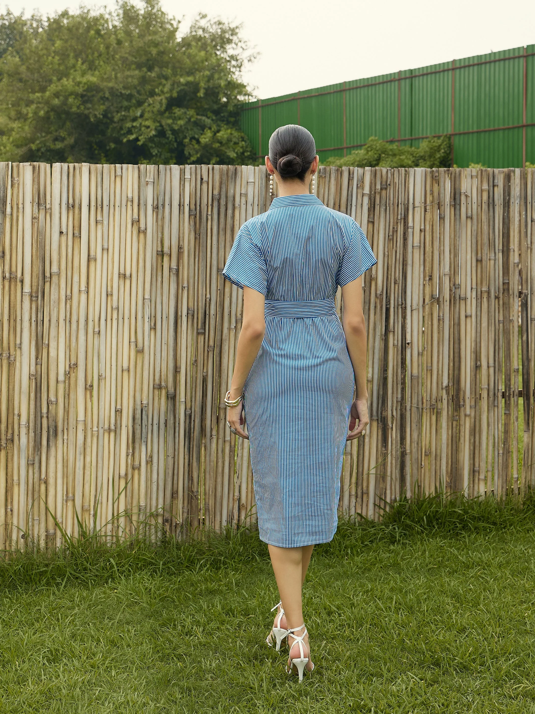Women Blue & White Stripe Front Ruched Midi Dress - Image 2