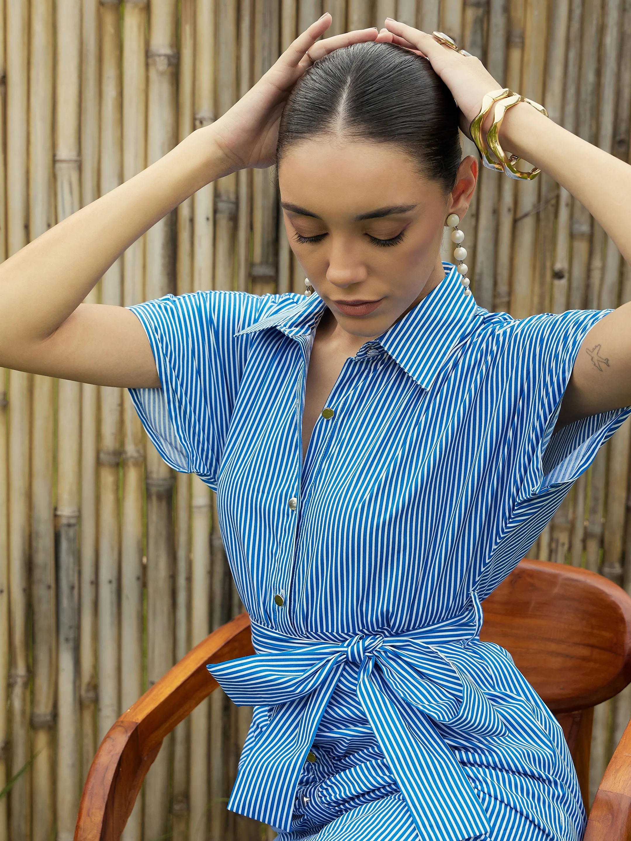 Women Blue & White Stripe Front Ruched Midi Dress - Image 3