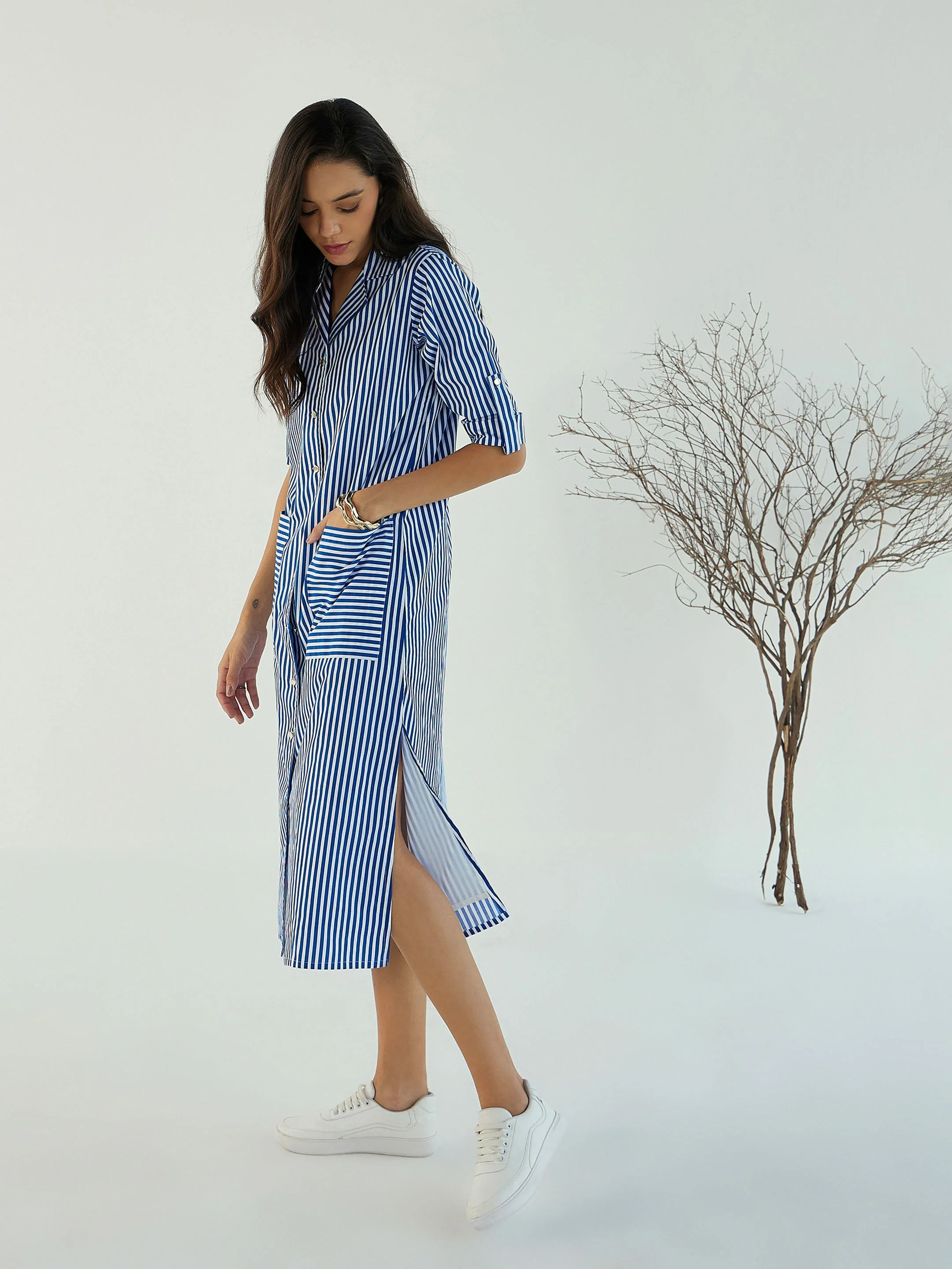 Women Blue & White Stripe Notch Collar Midi Dress - Image 2