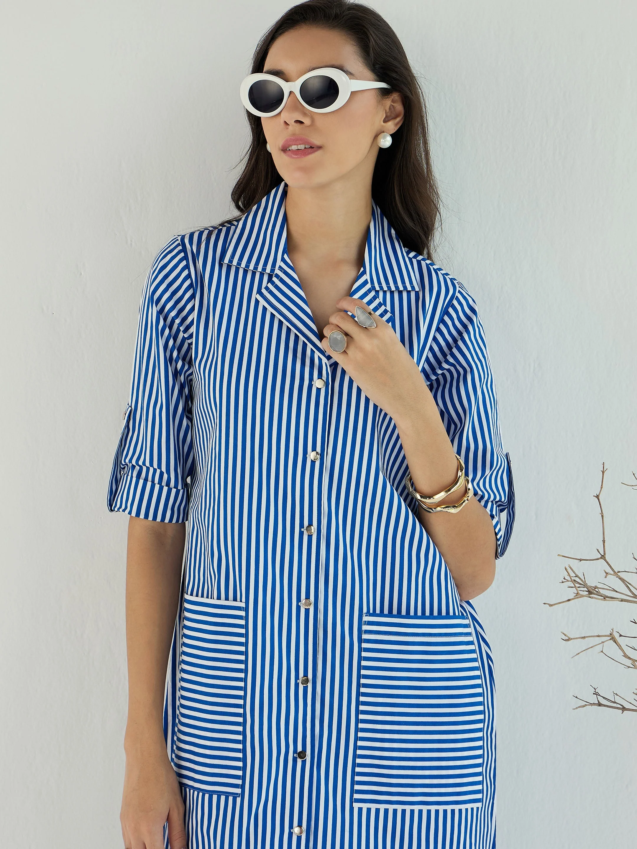 Women Blue & White Stripe Notch Collar Midi Dress - Image 3