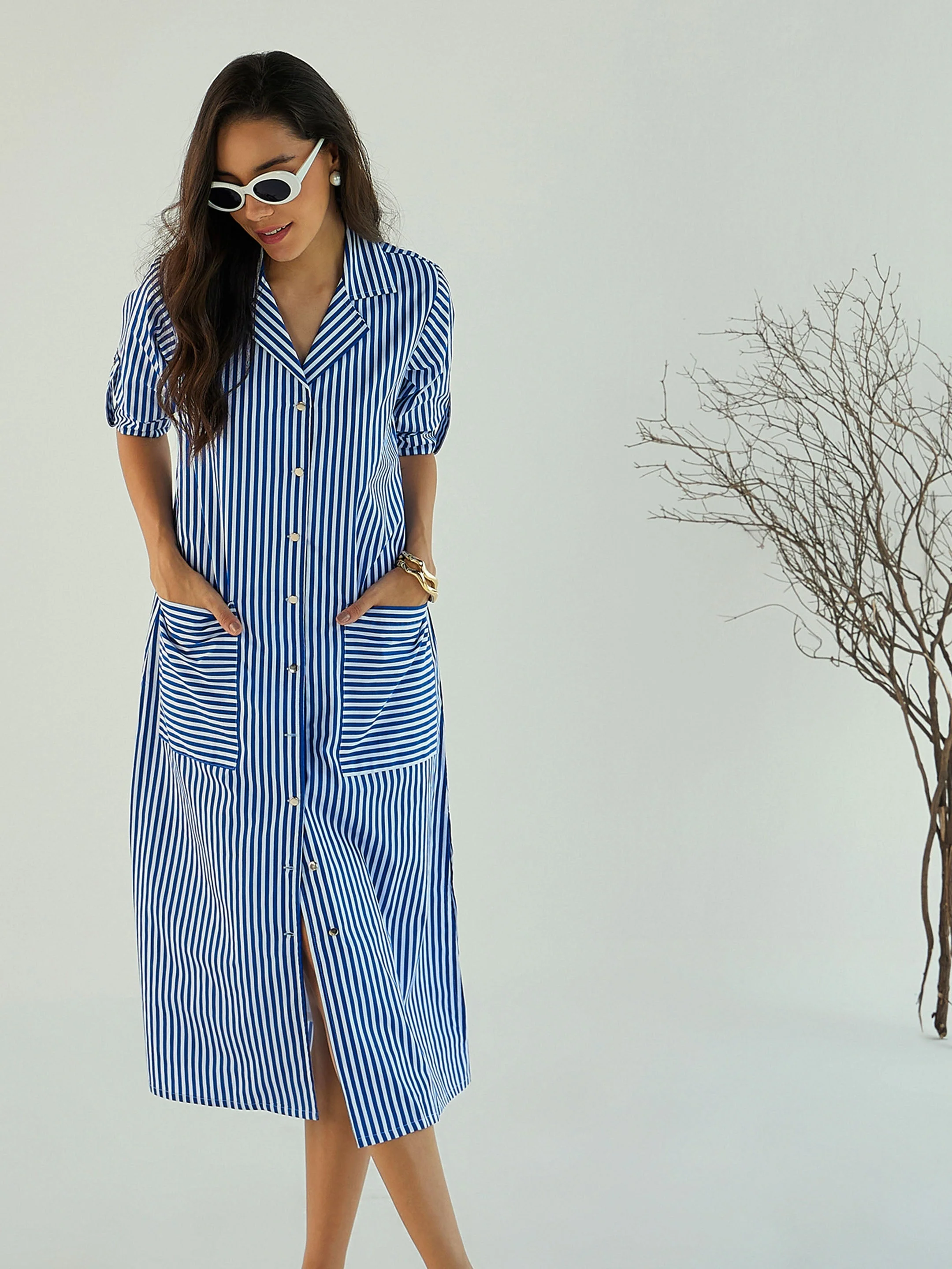 Women Blue & White Stripe Notch Collar Midi Dress - Image 5