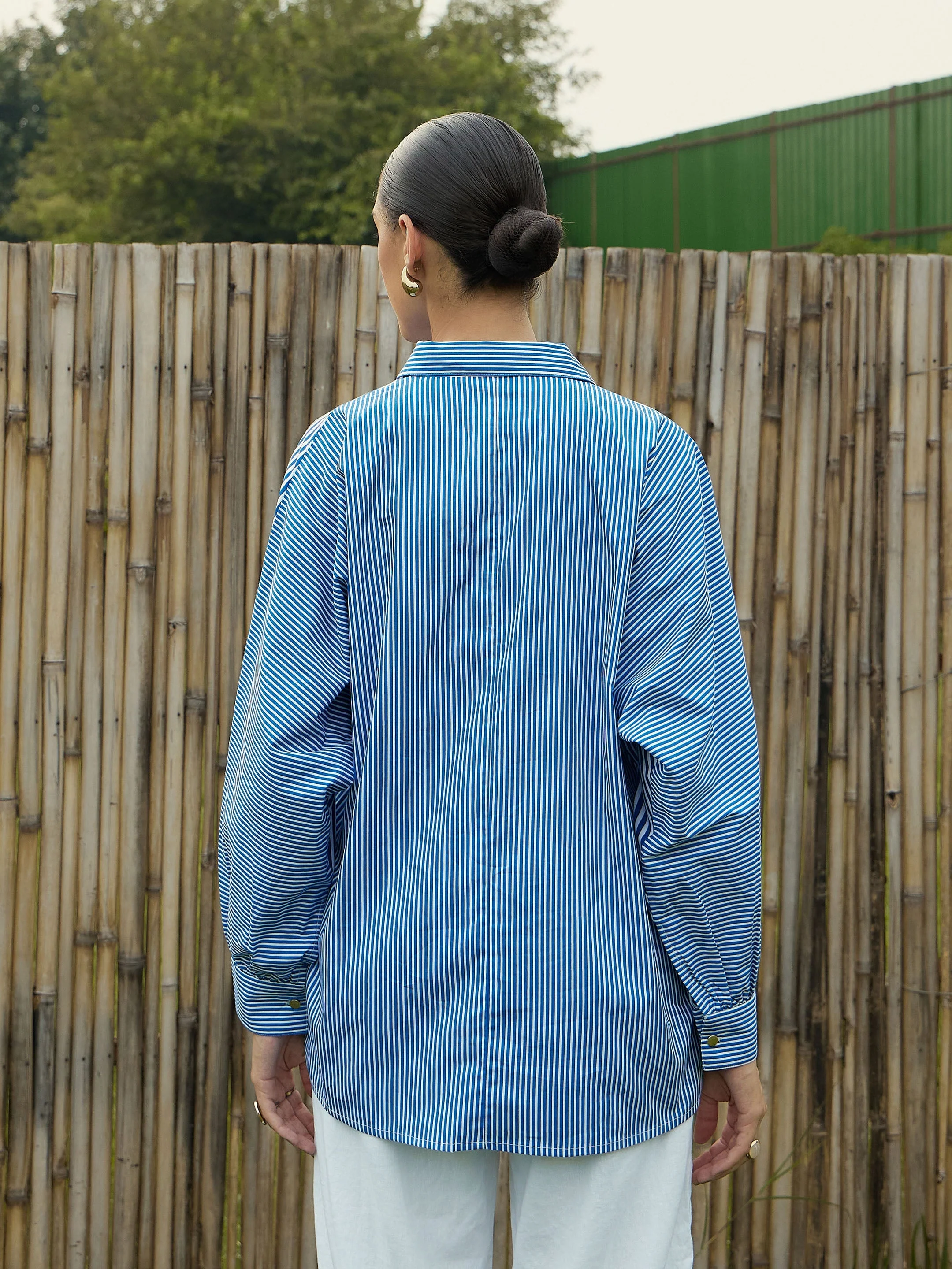 Women Blue & White Stripe Oversized Shirt - Image 2