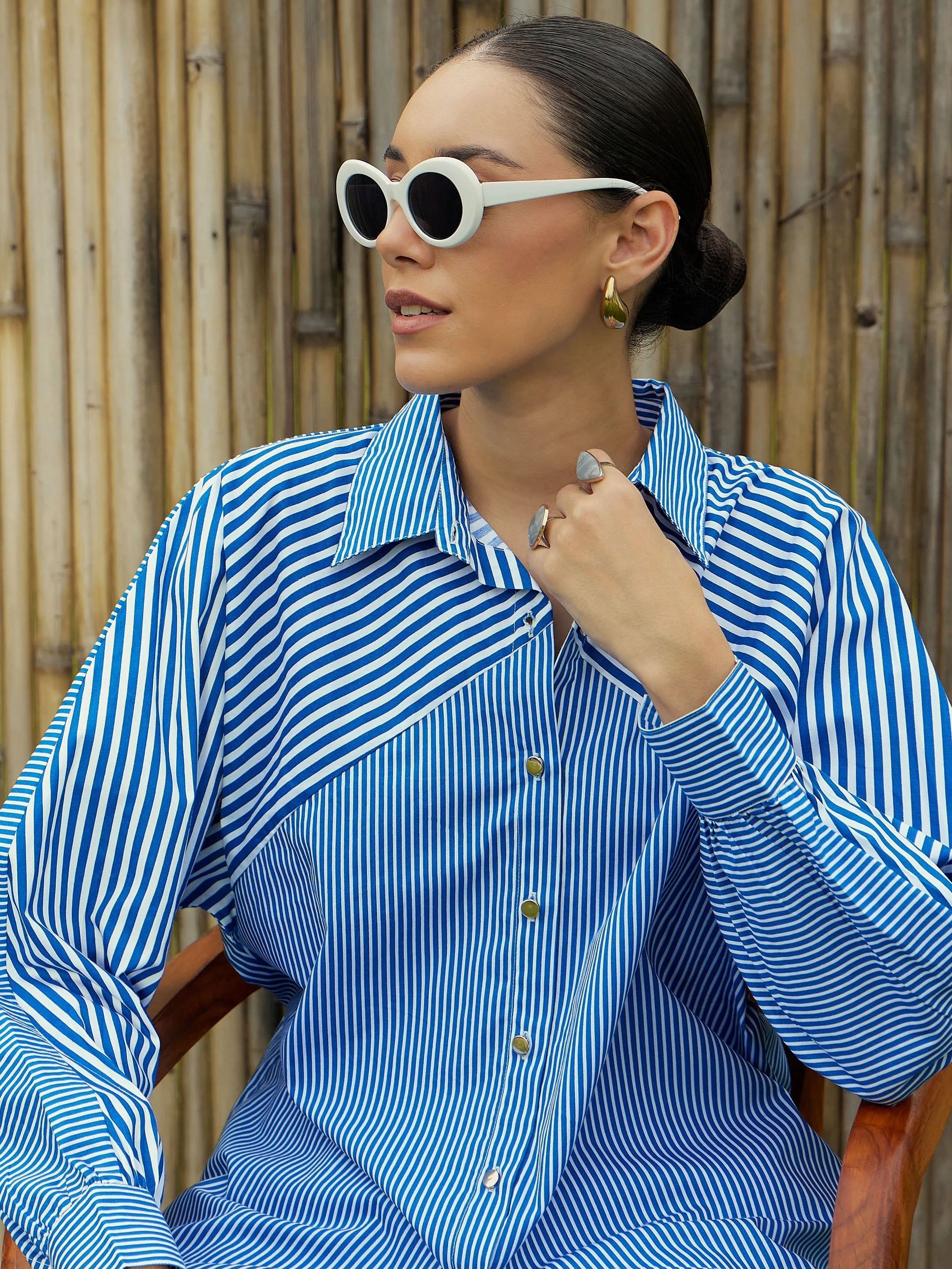 Women Blue & White Stripe Oversized Shirt - Image 3