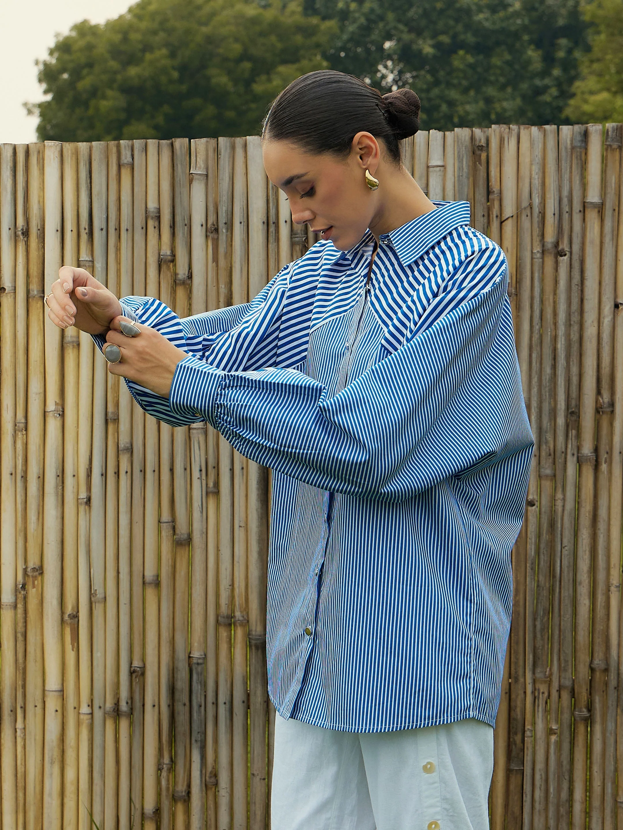 Women Blue & White Stripe Oversized Shirt - Image 4