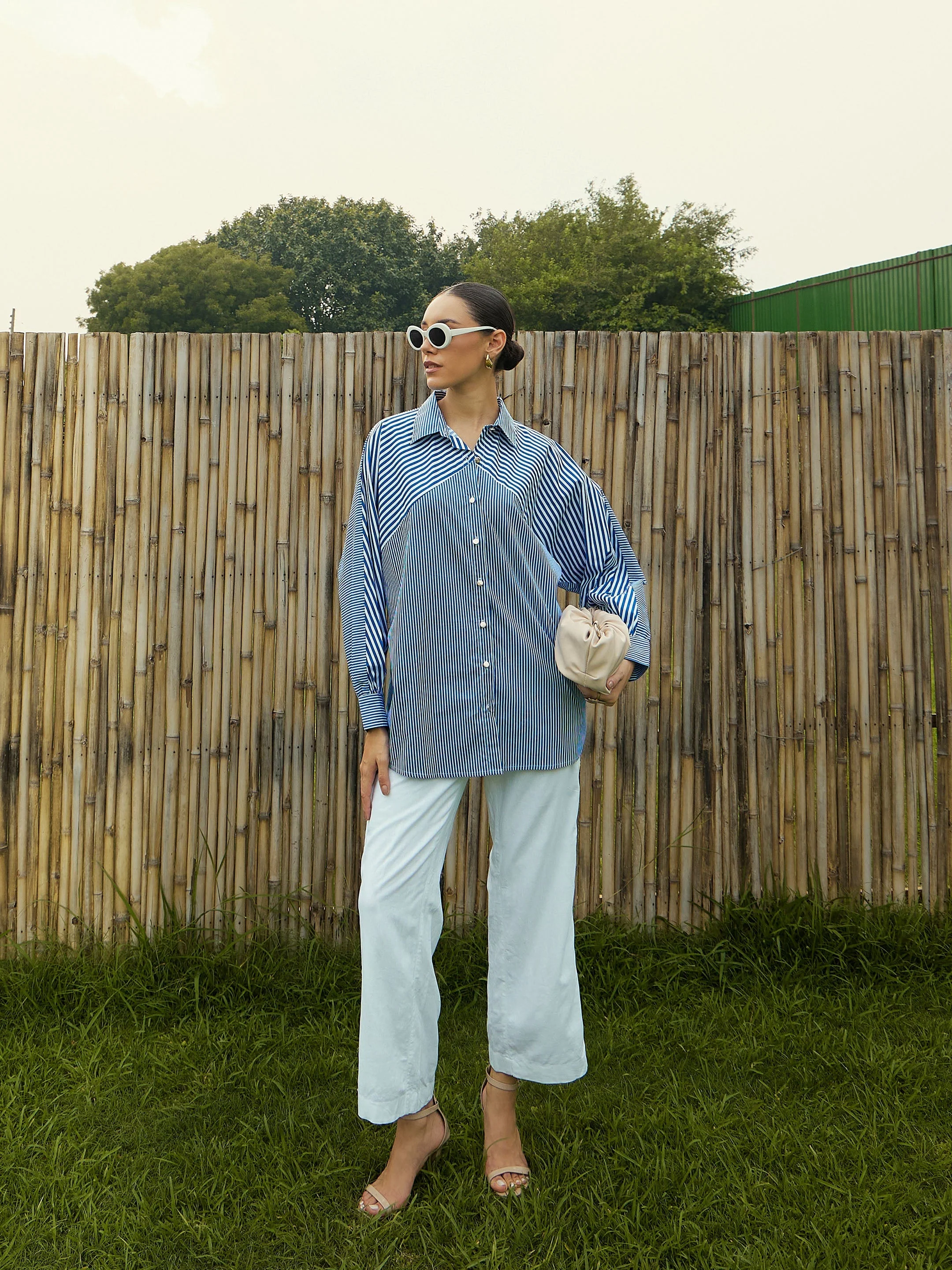 Women Blue & White Stripe Oversized Shirt - Image 5