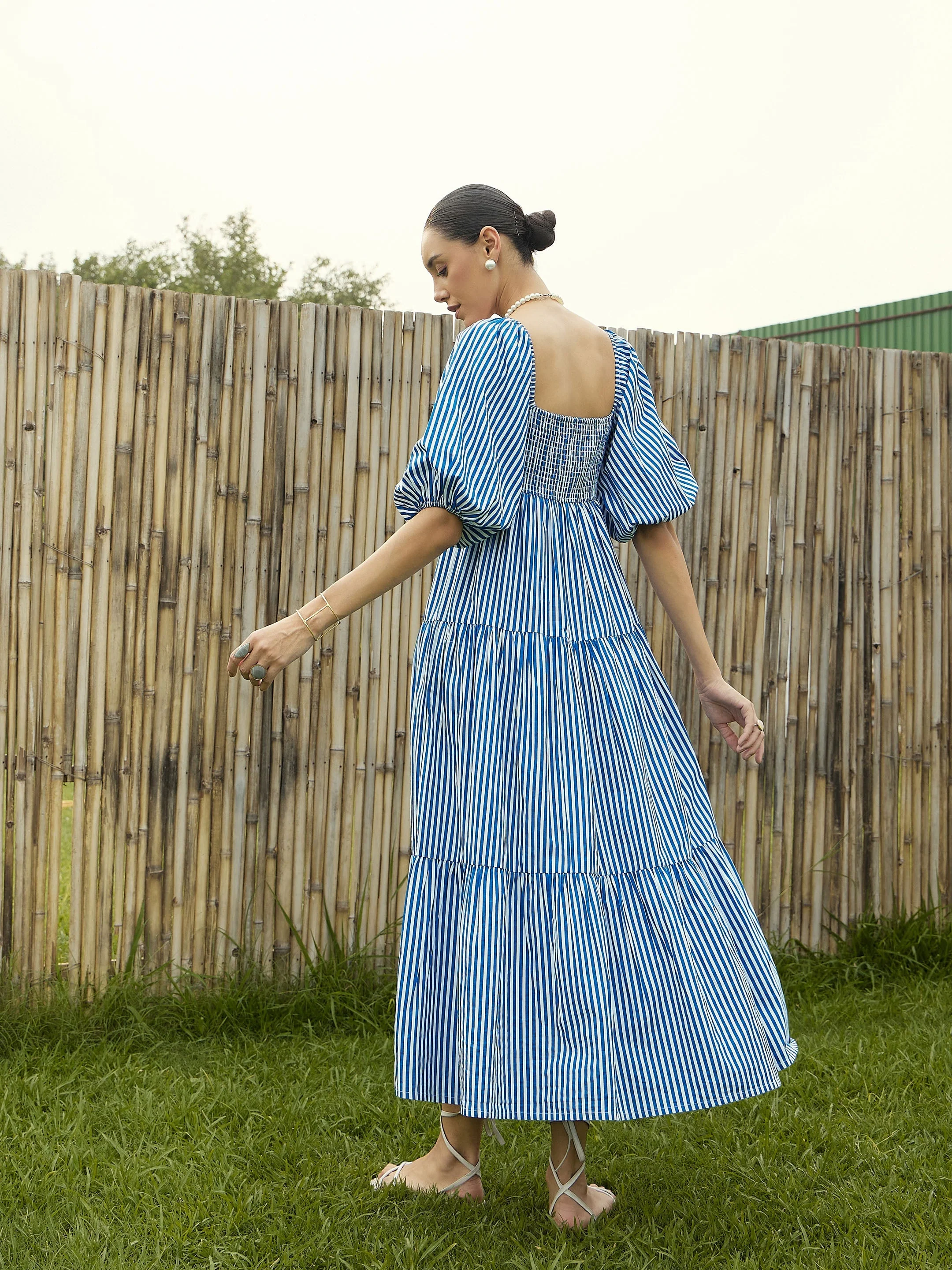 Women Blue & White Stripe V-Neck Tiered Dress - Image 2