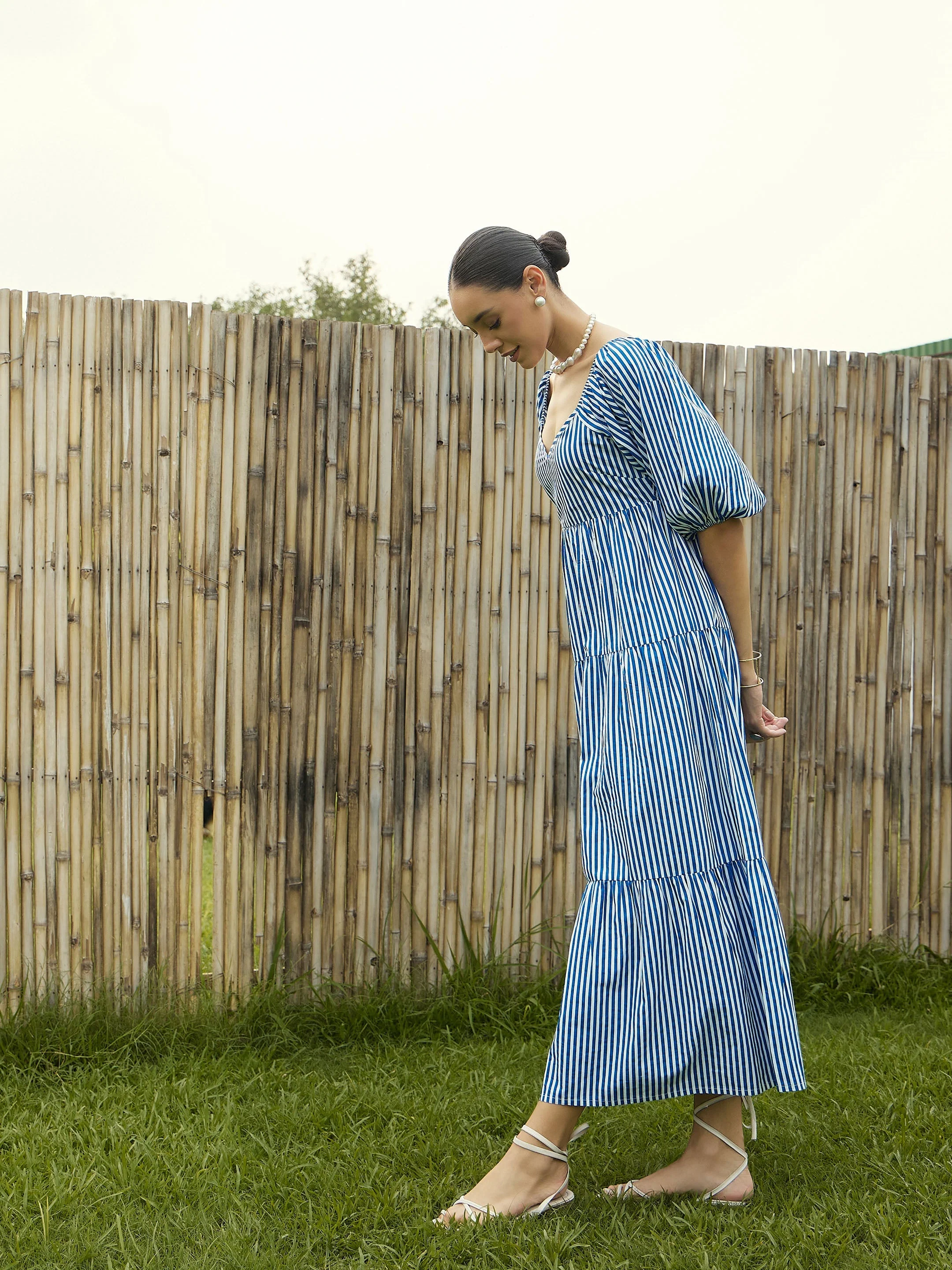 Women Blue & White Stripe V-Neck Tiered Dress - Image 4