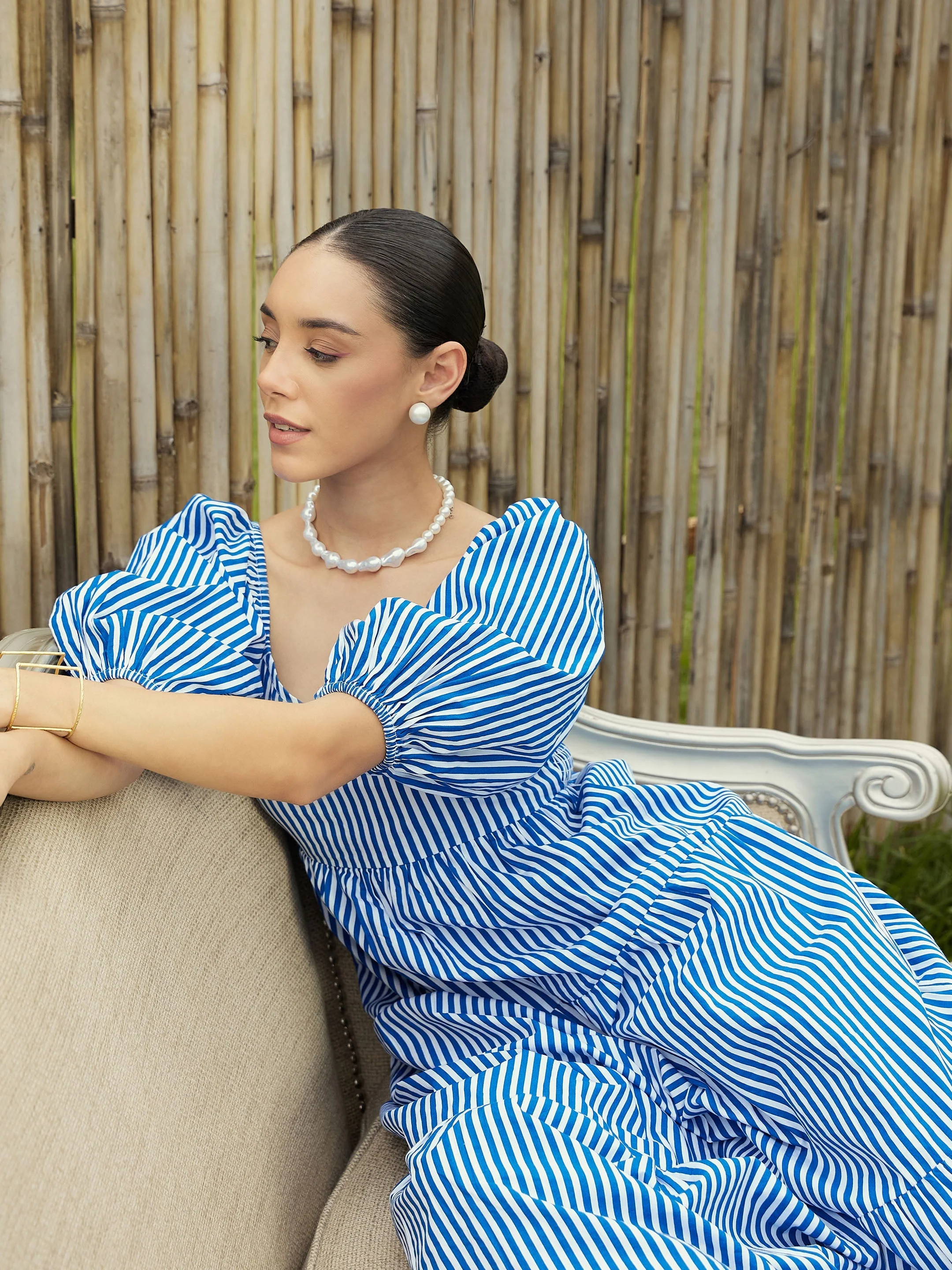 Women Blue & White Stripe V-Neck Tiered Dress - Image 5