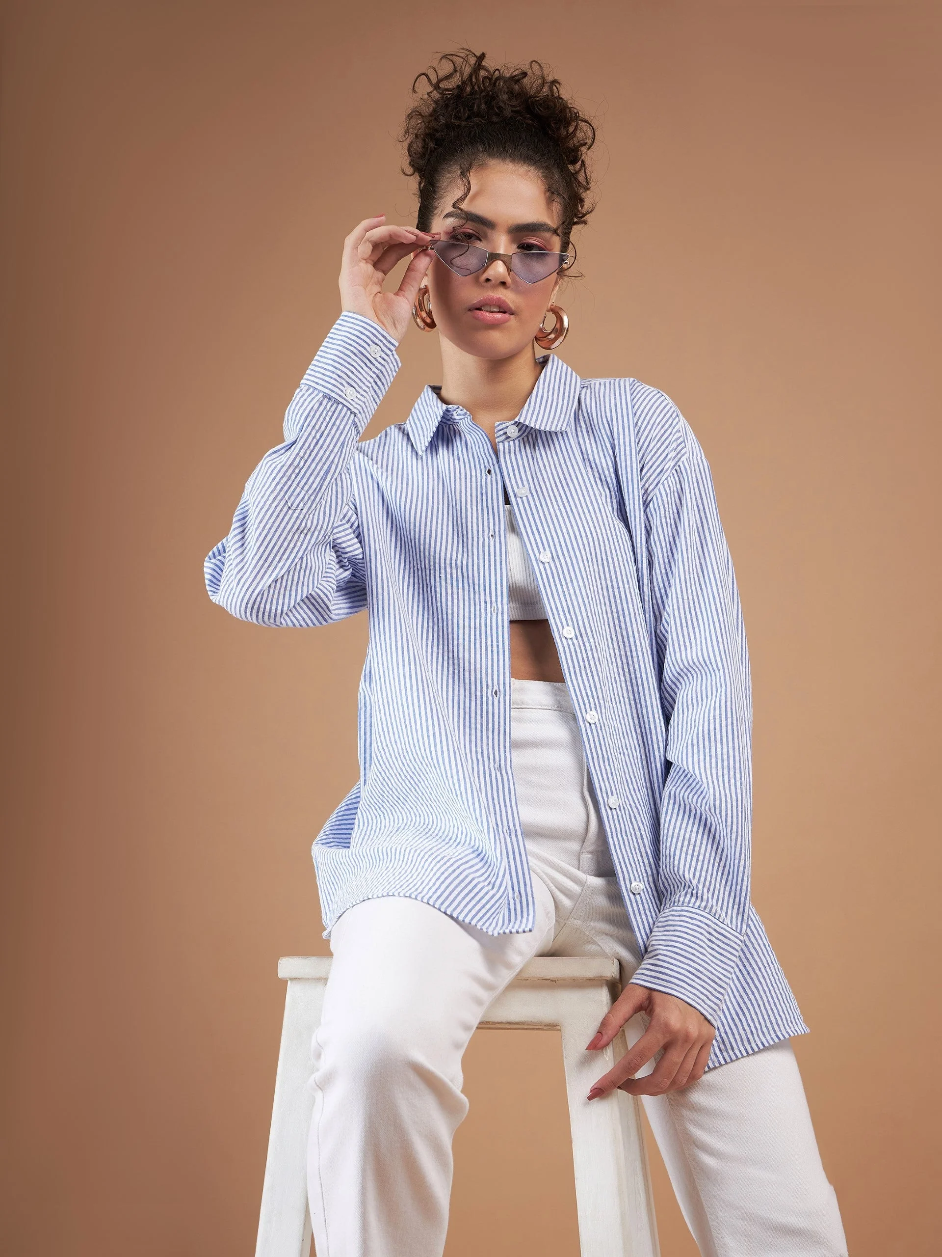Women Blue & White Striped Oversized Shirt - Image 2