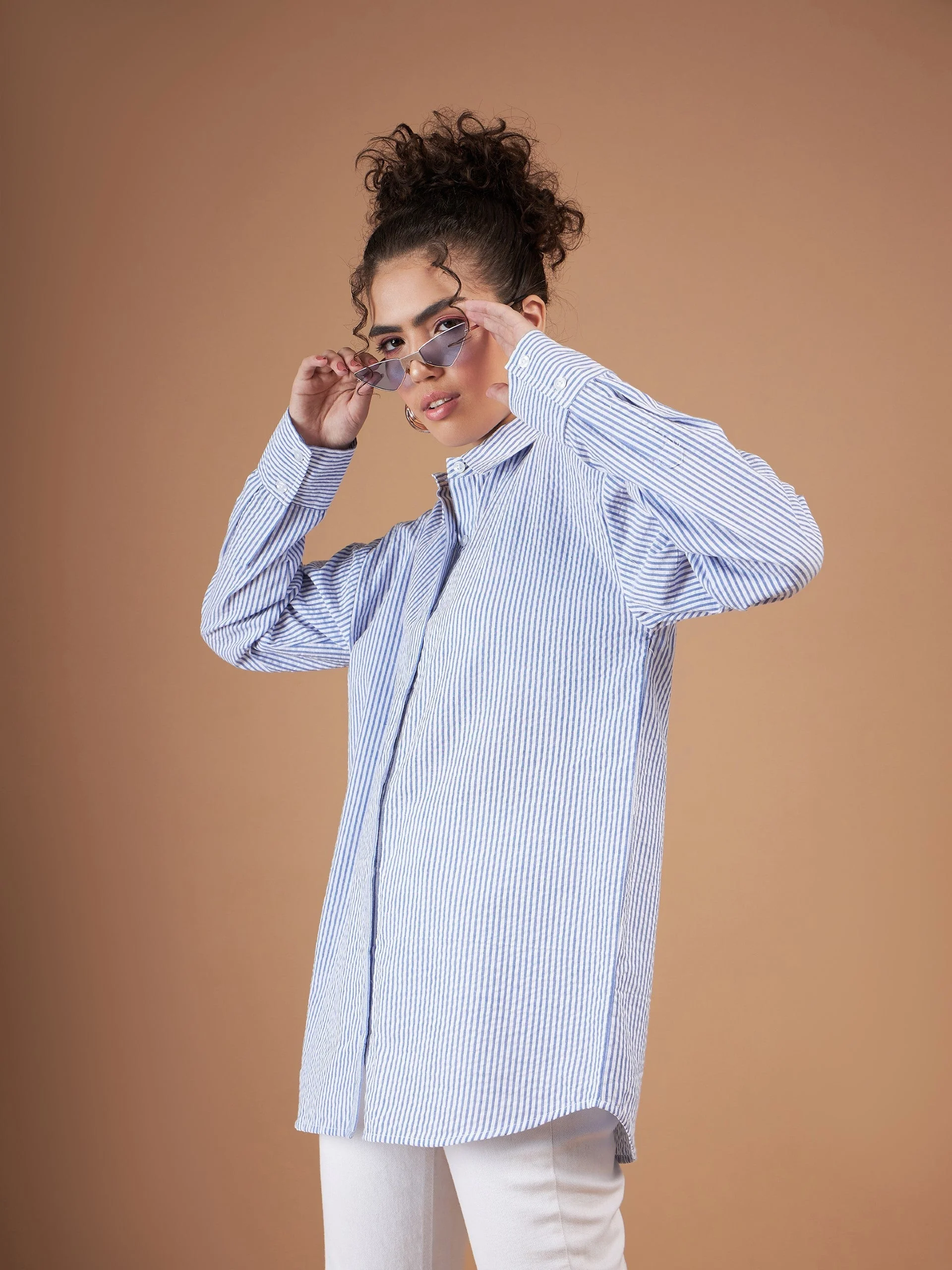 Women Blue & White Striped Oversized Shirt - Image 3