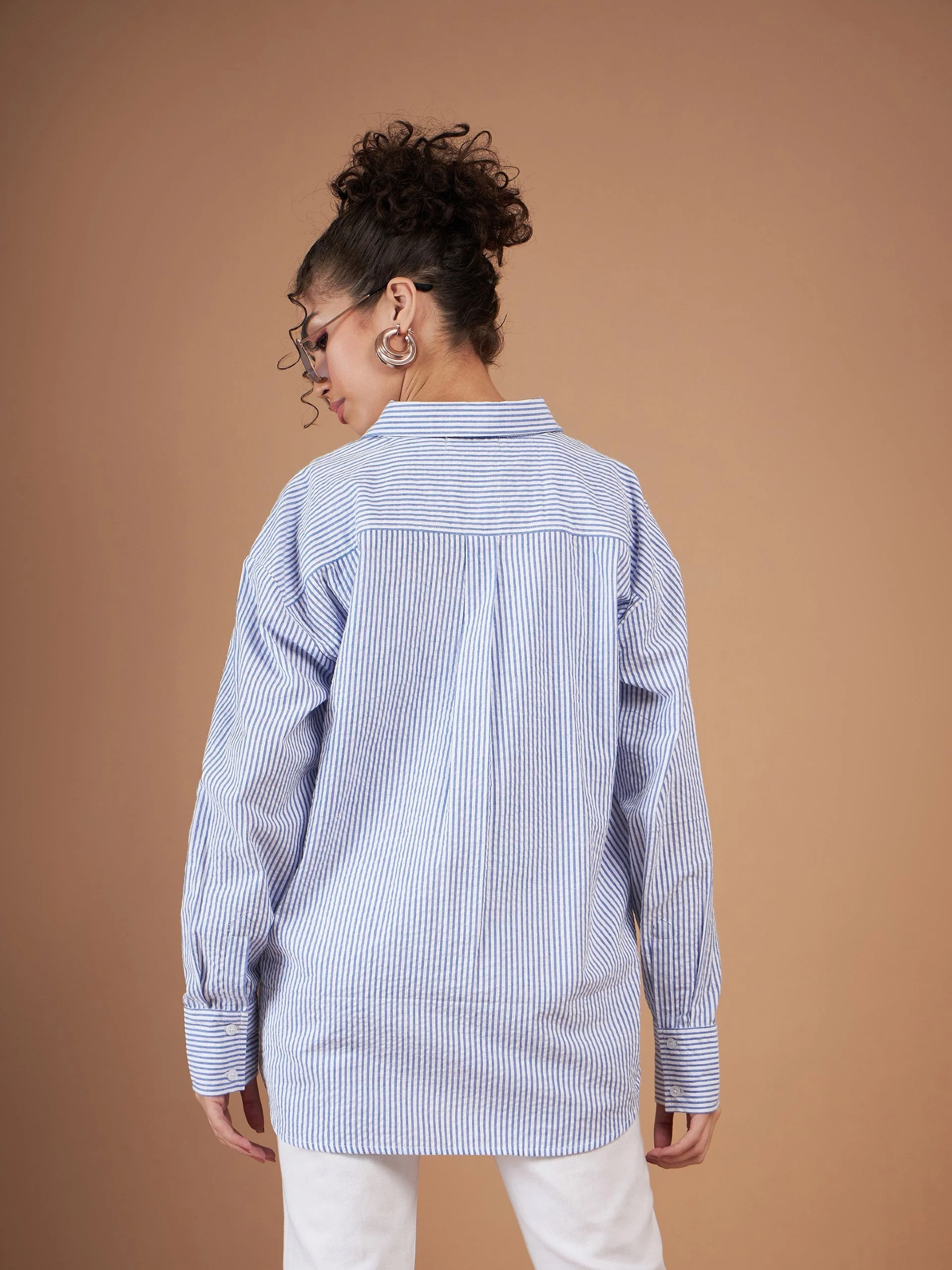 Women Blue & White Striped Oversized Shirt - Image 5