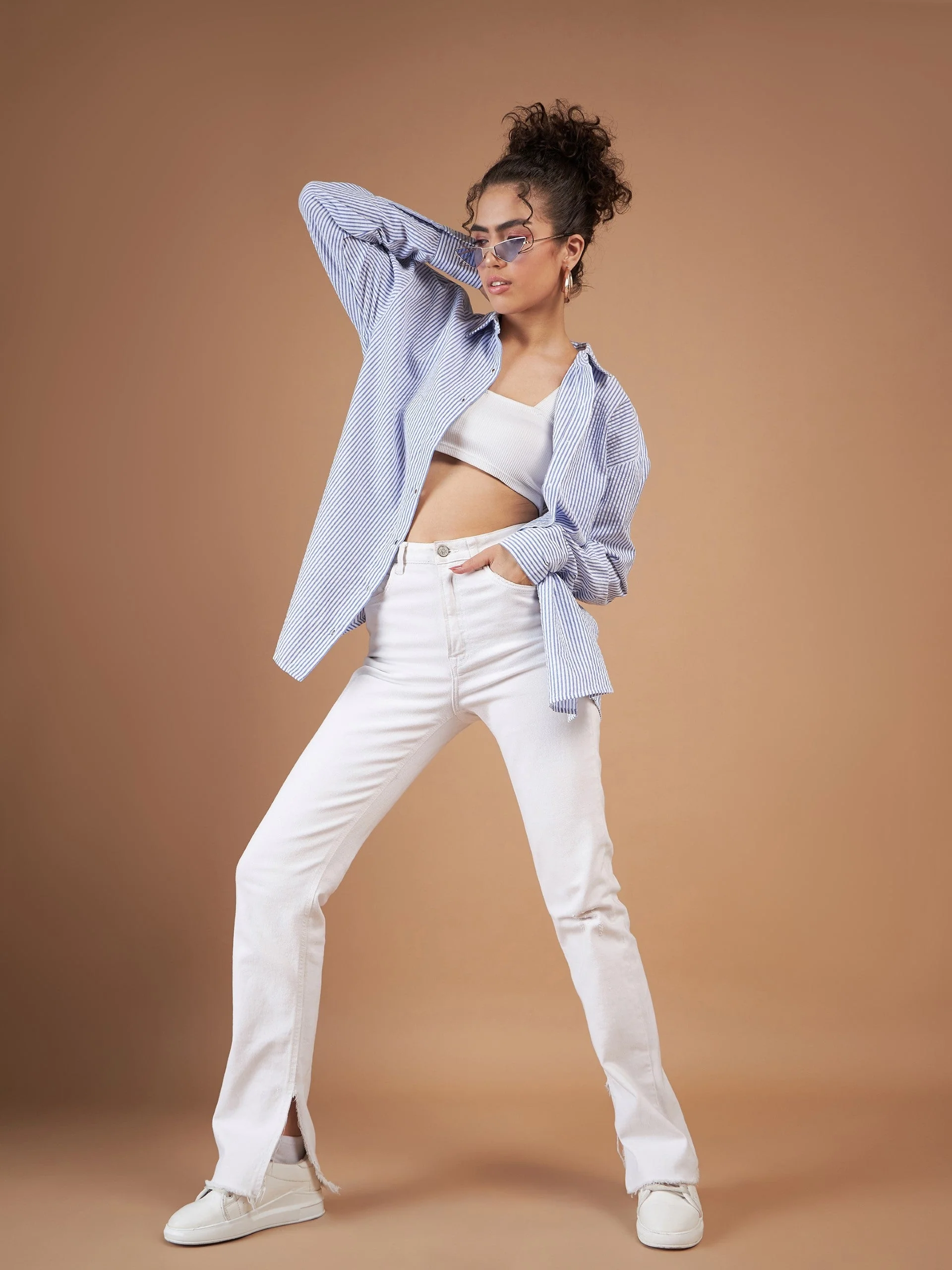 Women Blue & White Striped Oversized Shirt - Image 6