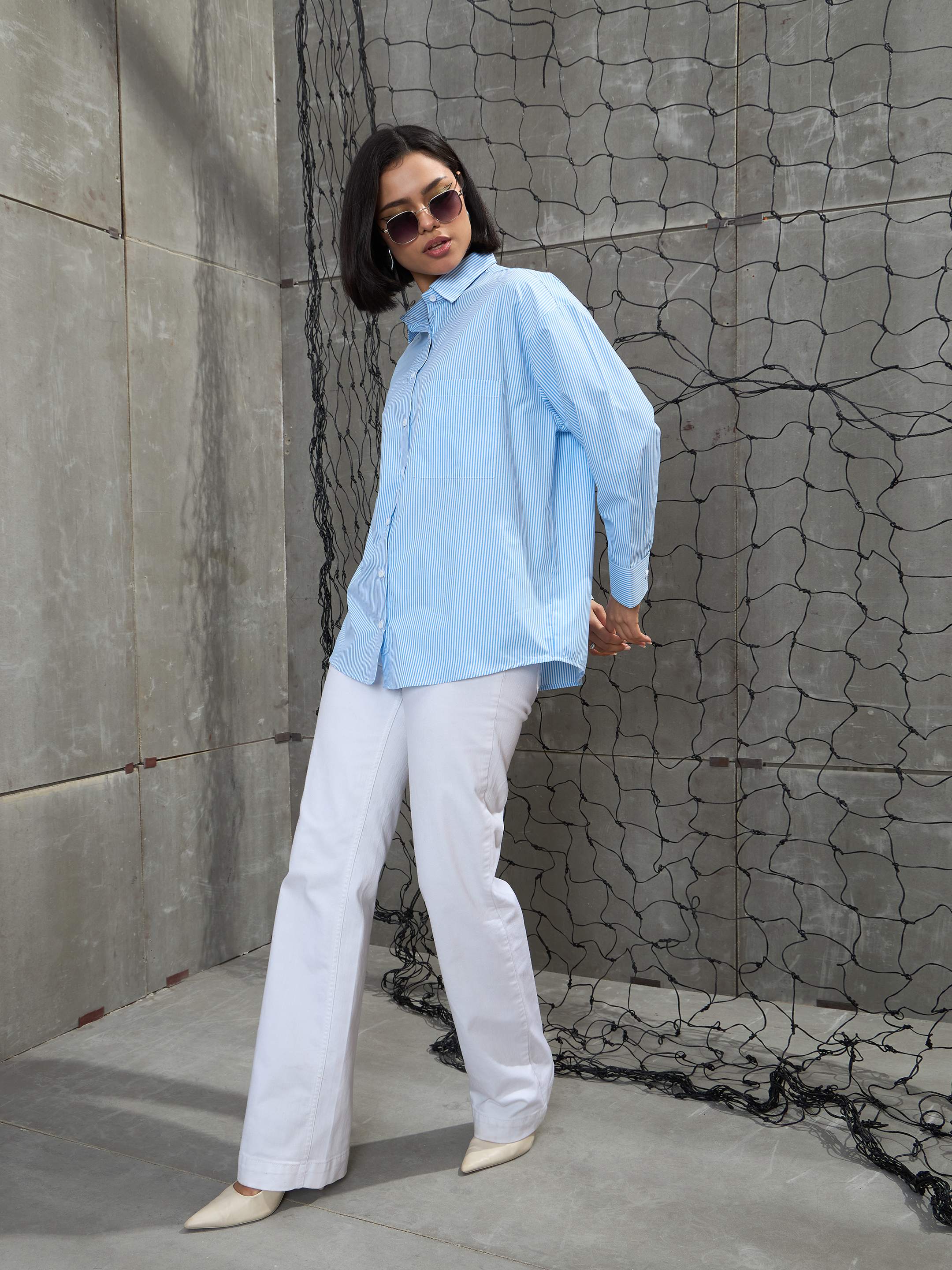 Women Blue & White Striped Oversized Shirt - Image 2