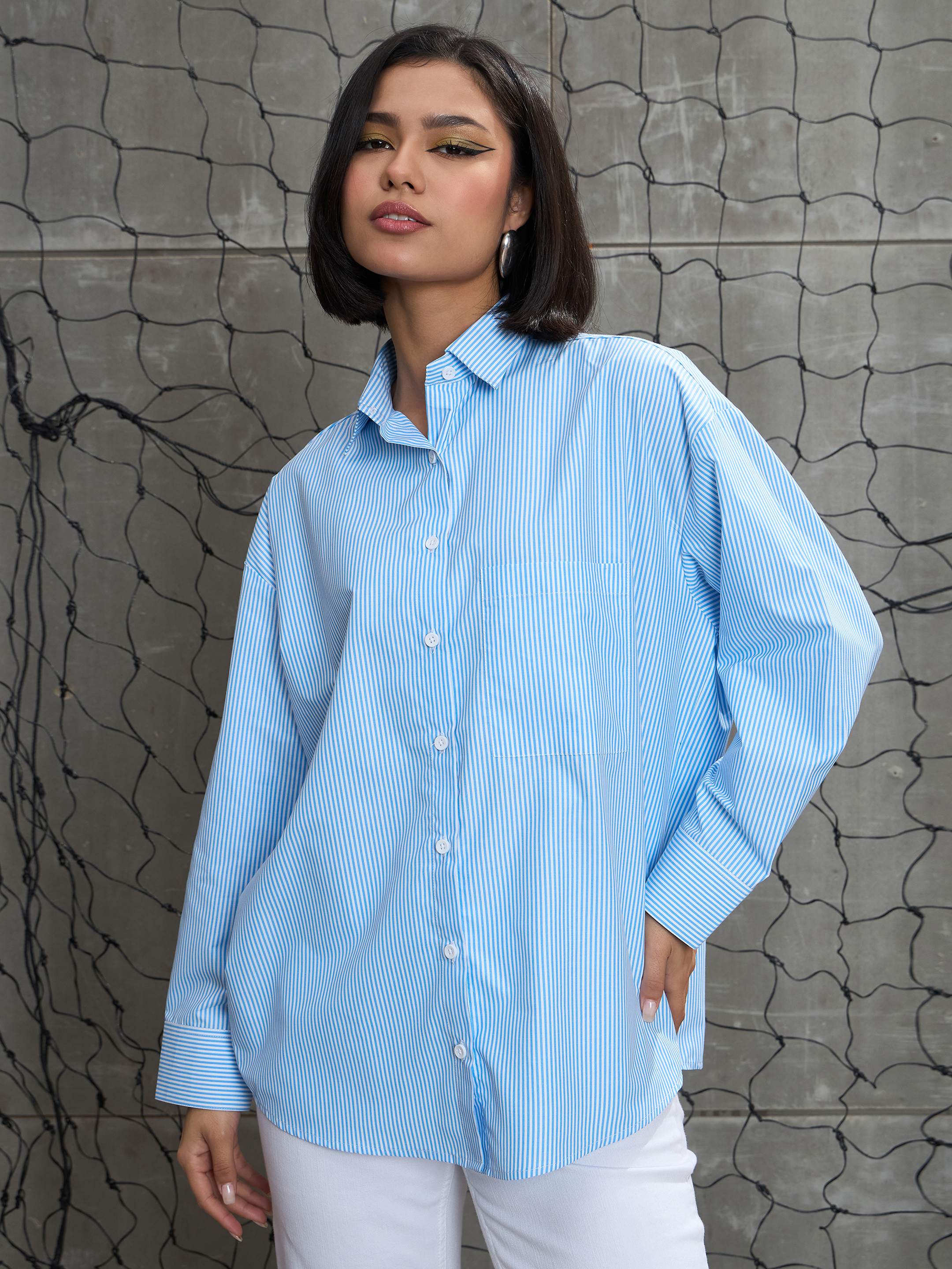 Women Blue & White Striped Oversized Shirt - Image 3