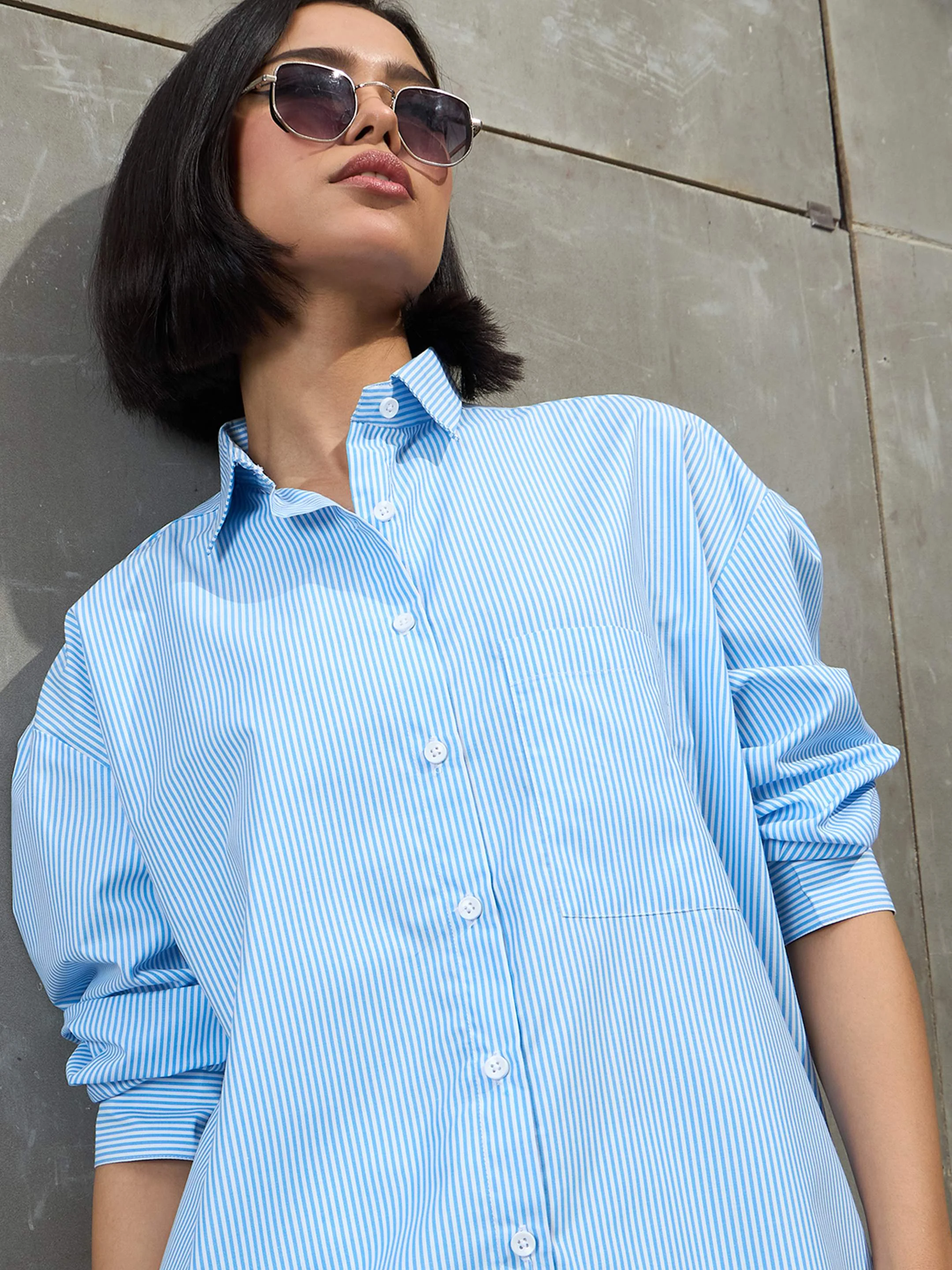 Women Blue & White Striped Oversized Shirt - Image 4