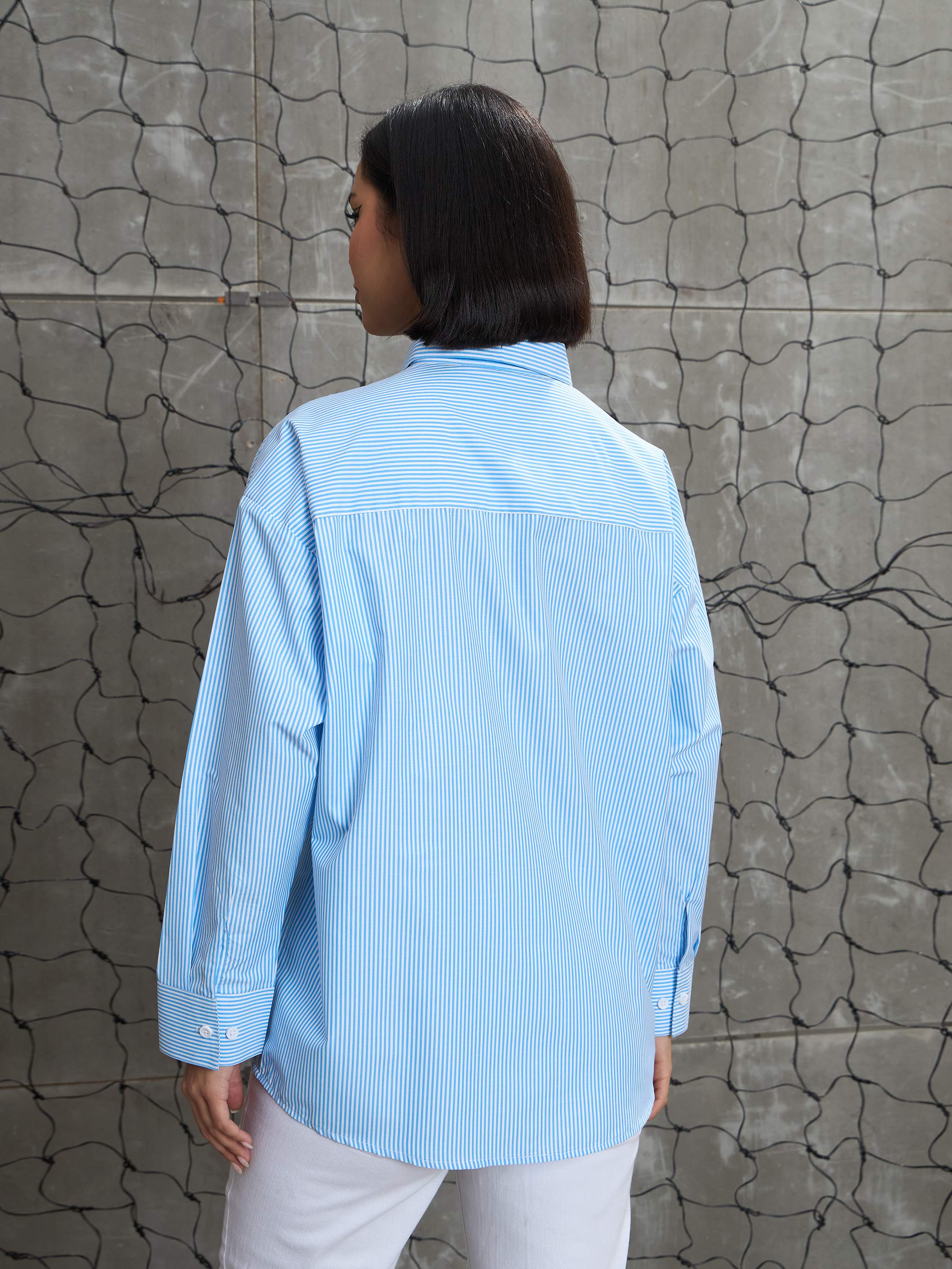 Women Blue & White Striped Oversized Shirt - Image 5