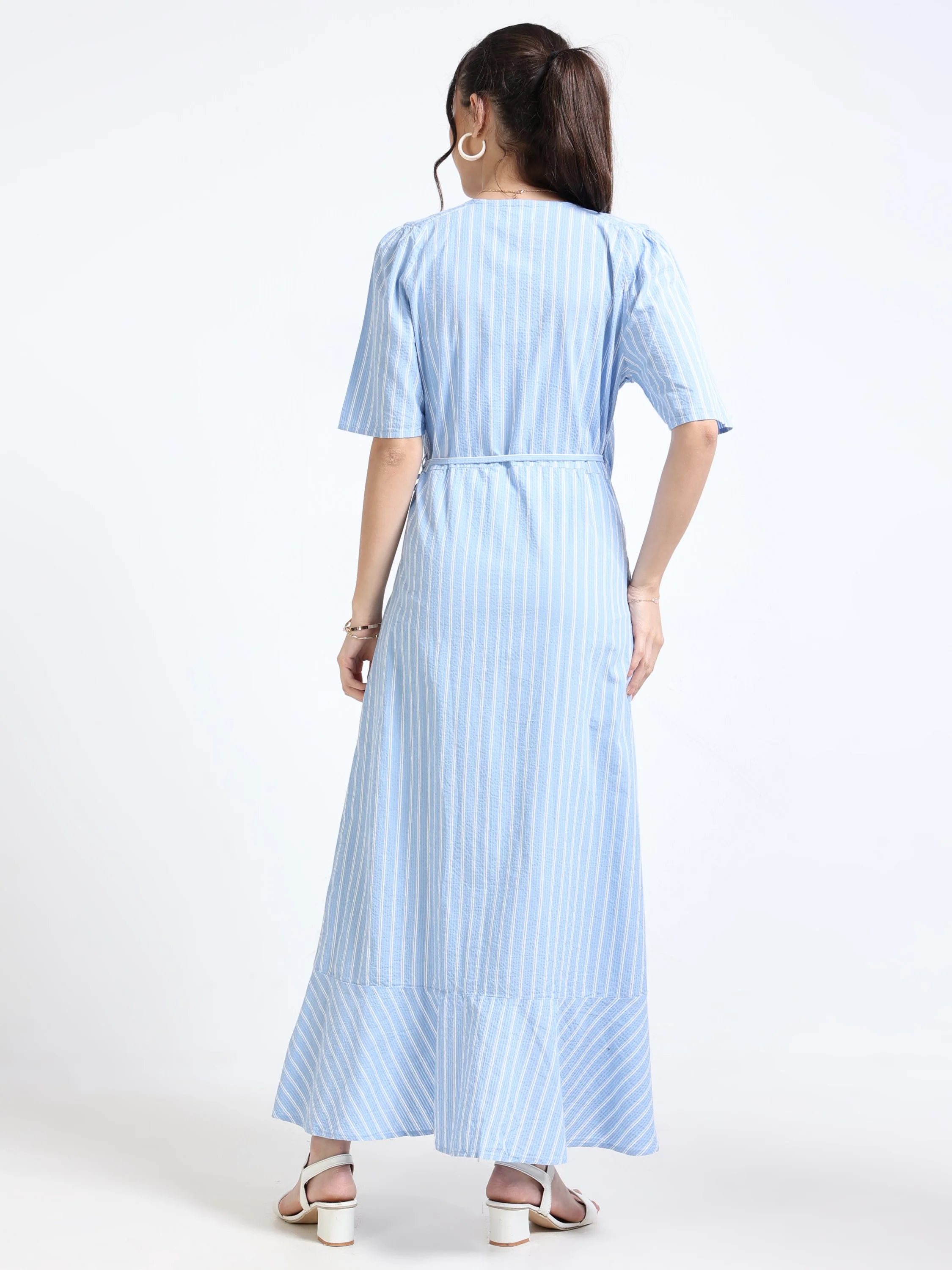 Women Blue White Wrap Dress - Image 2