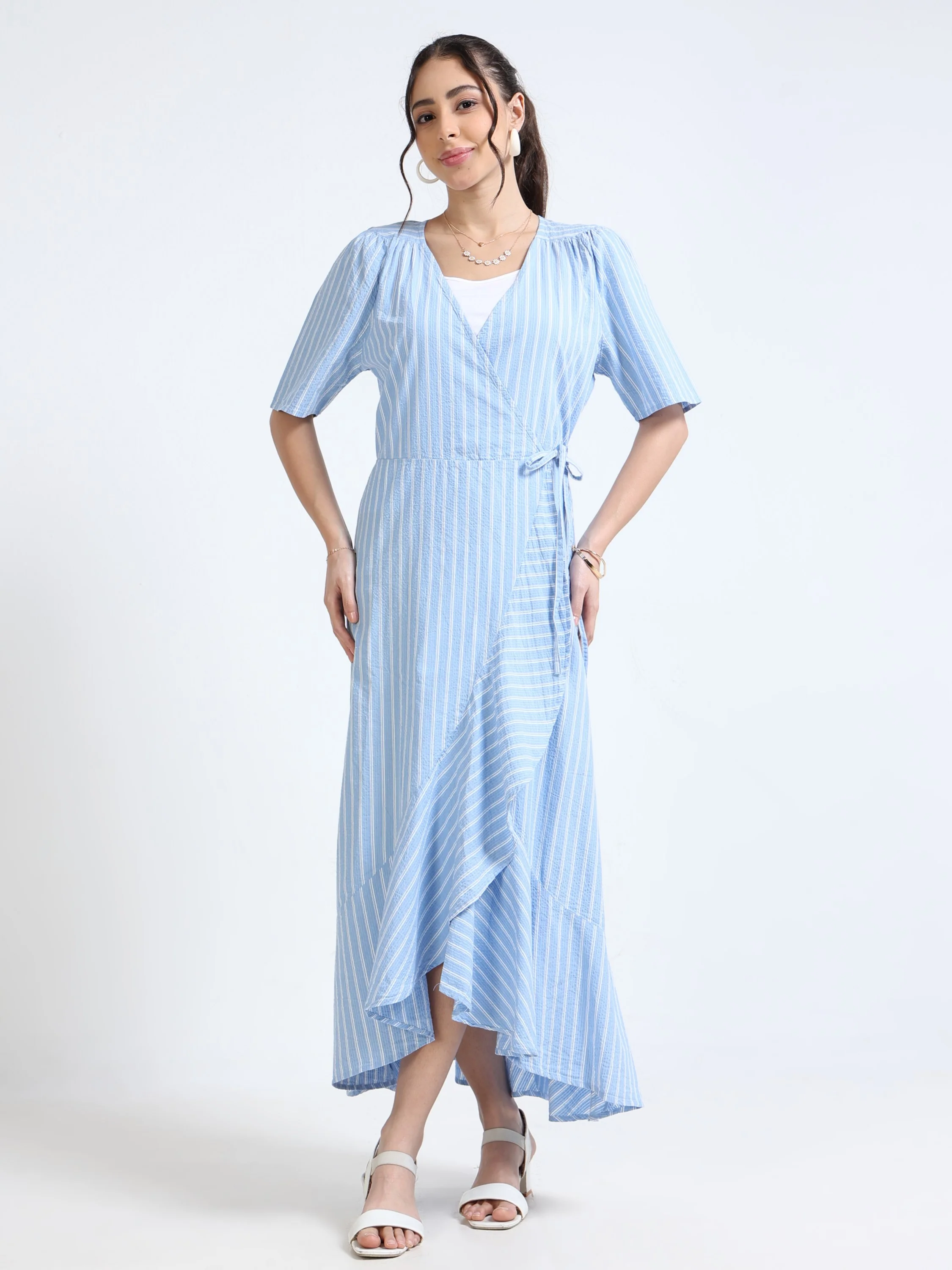 Women Blue White Wrap Dress - Image 3