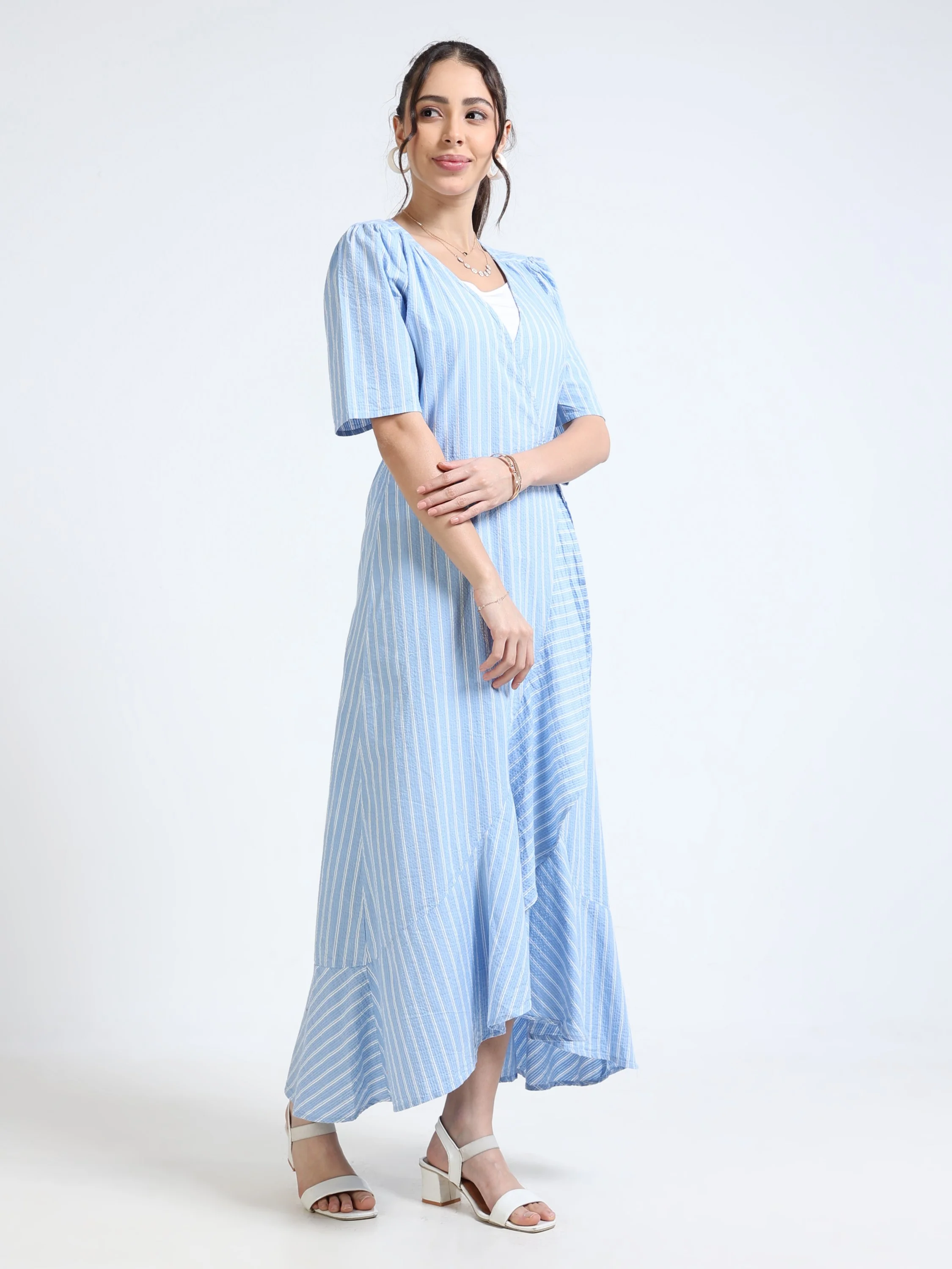 Women Blue White Wrap Dress - Image 5