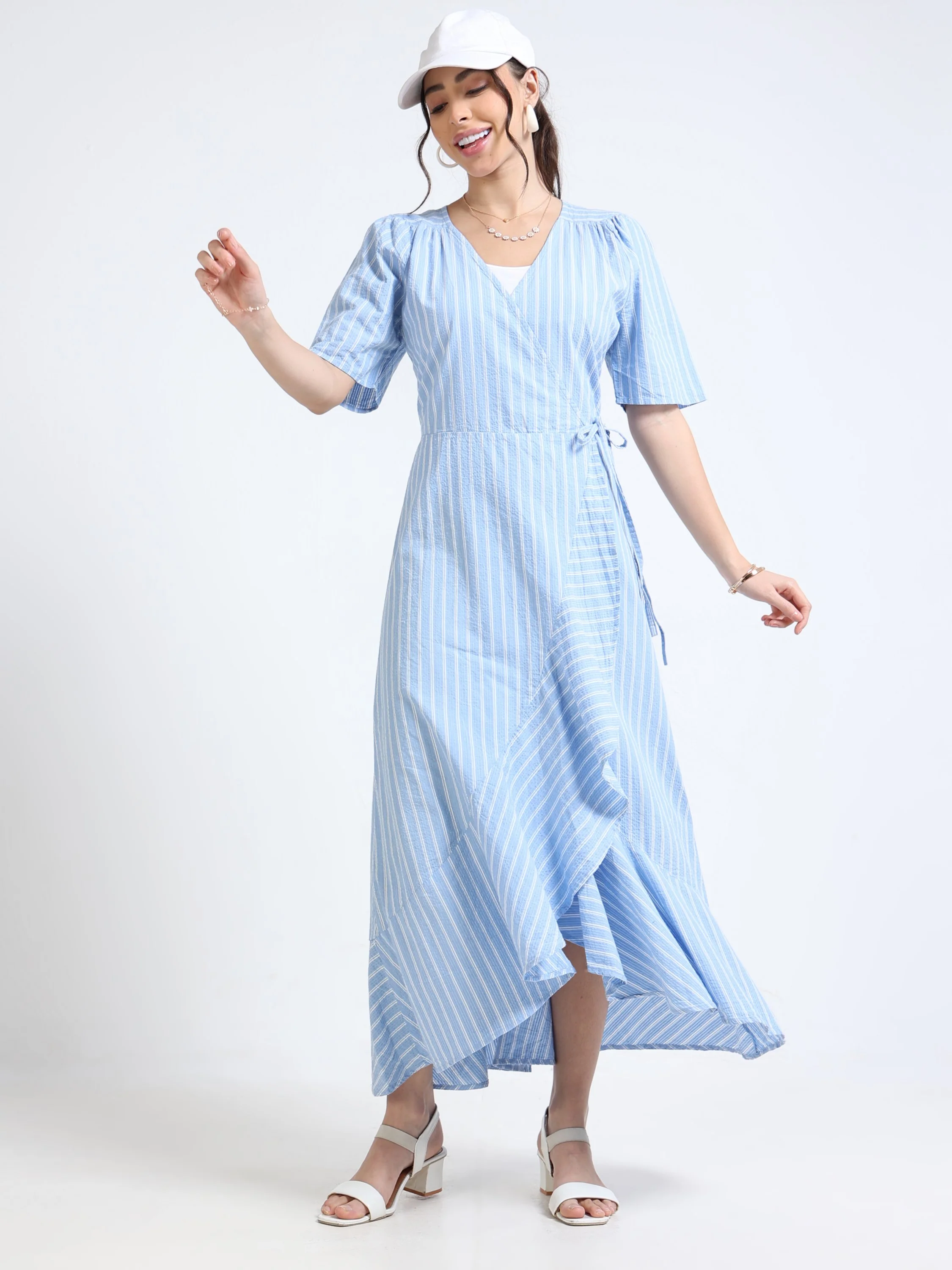Women Blue White Wrap Dress - Image 6