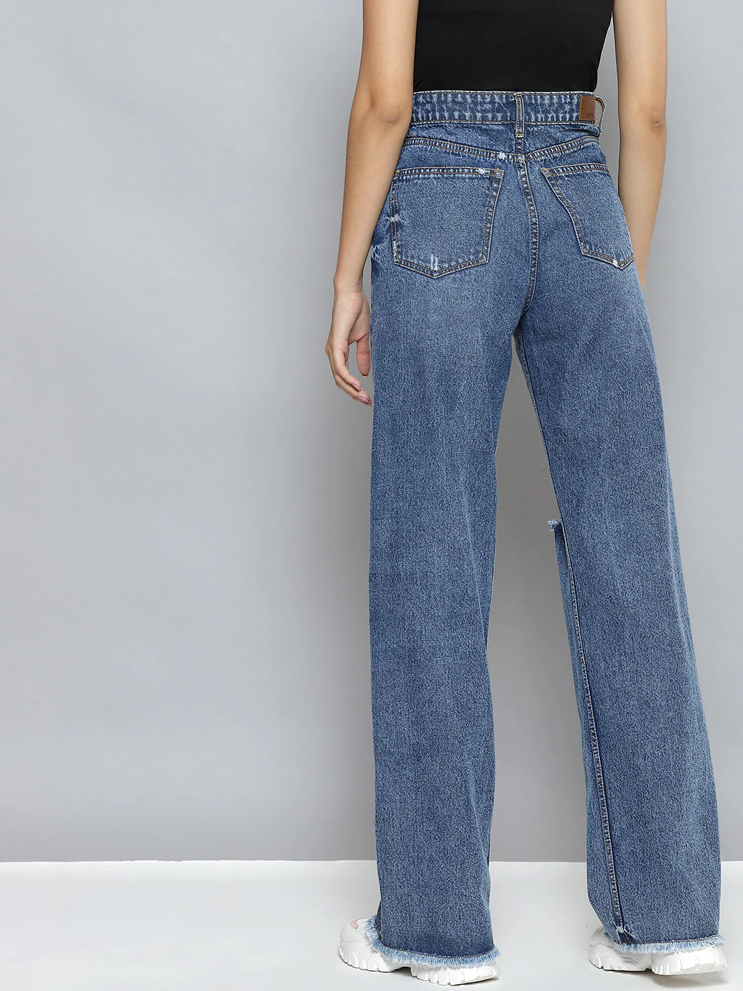 Women Blue Wide Leg Distressed Slit Jeans - Image 3