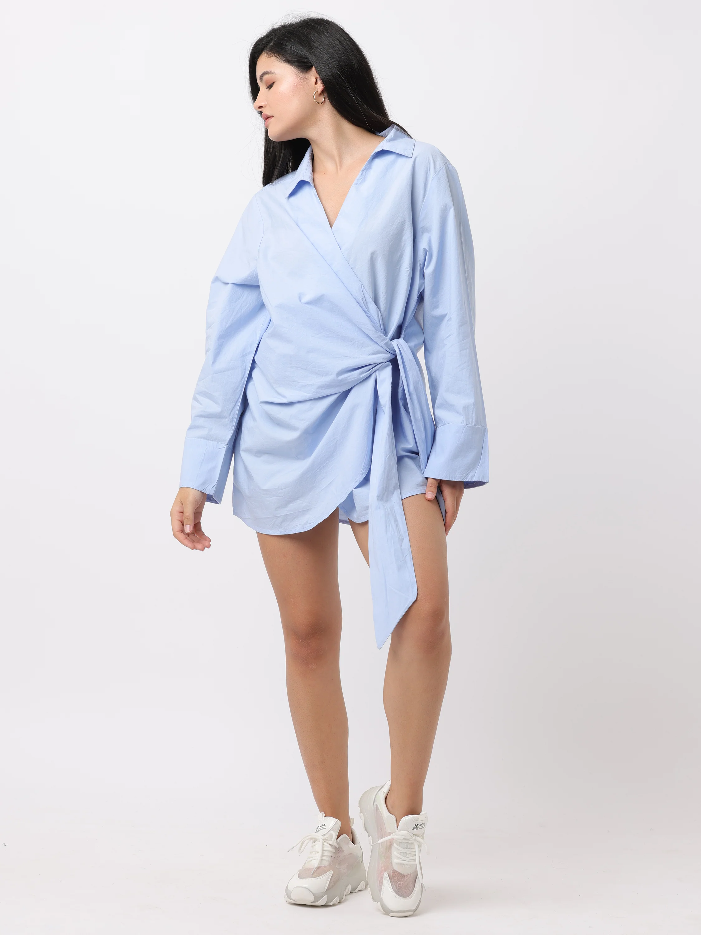 Women Blue Wrap Around Shirt Dress - Image 3