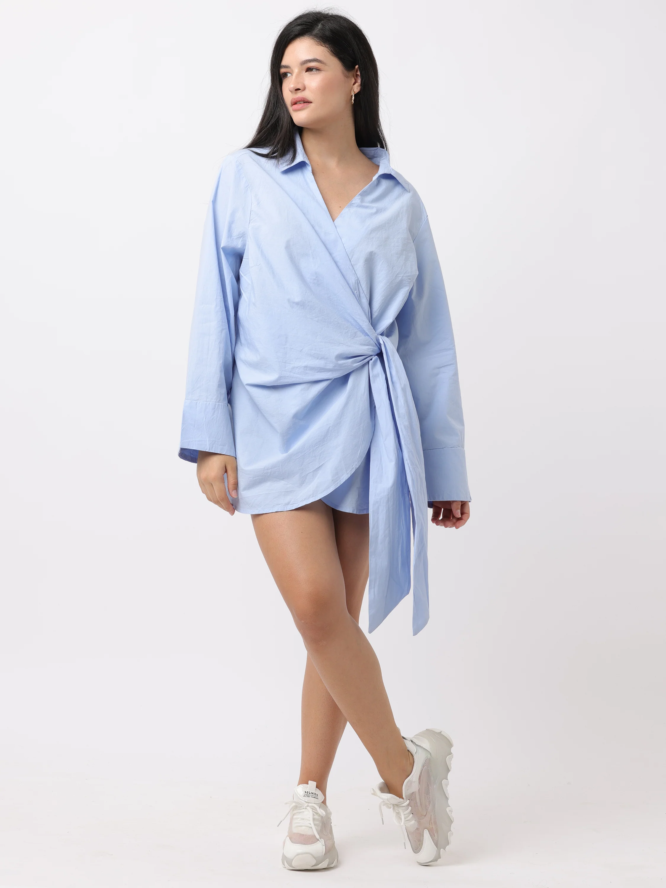 Women Blue Wrap Around Shirt Dress - Image 5