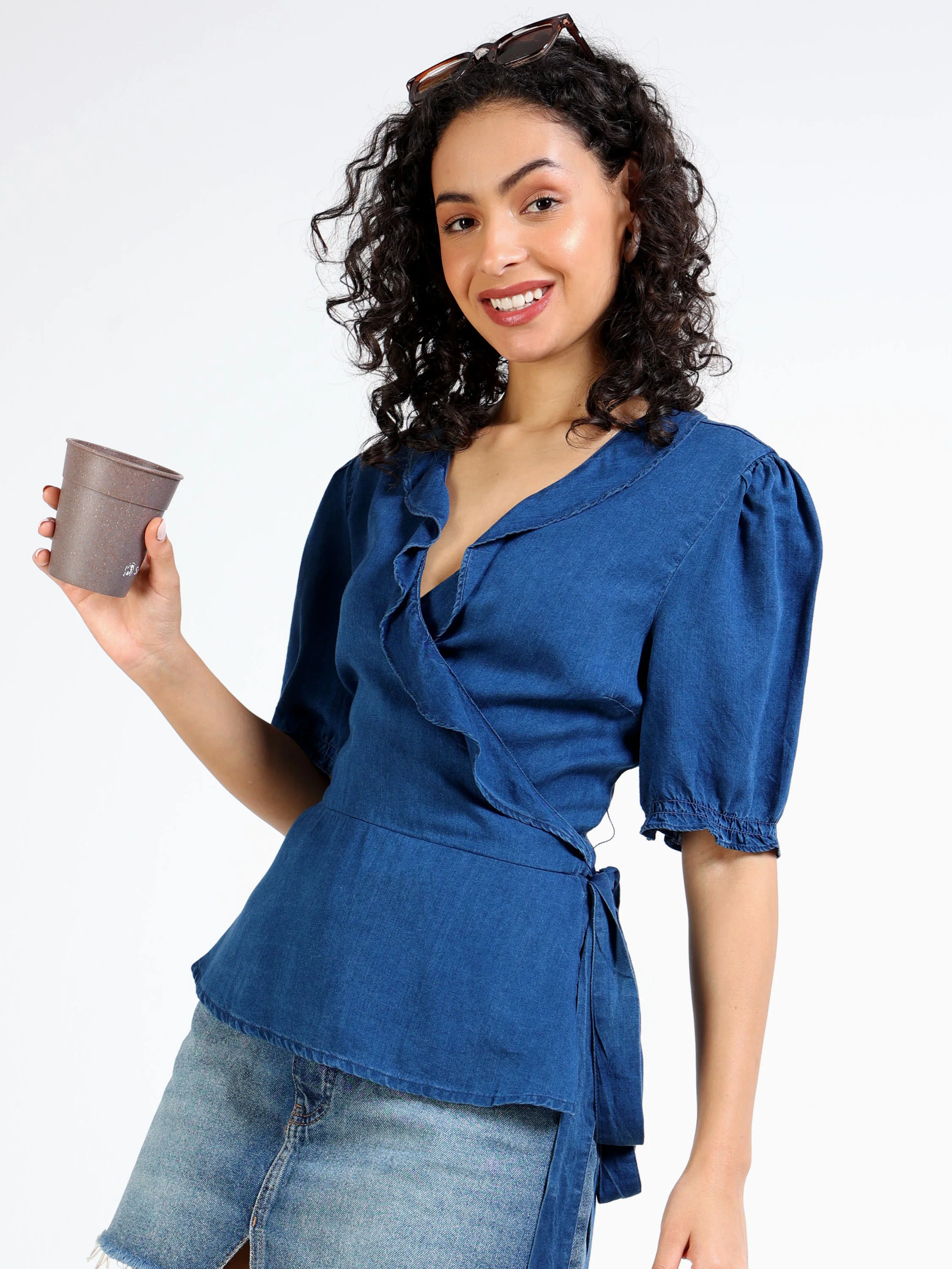 Women Blue Wrap Around Top - Image 2