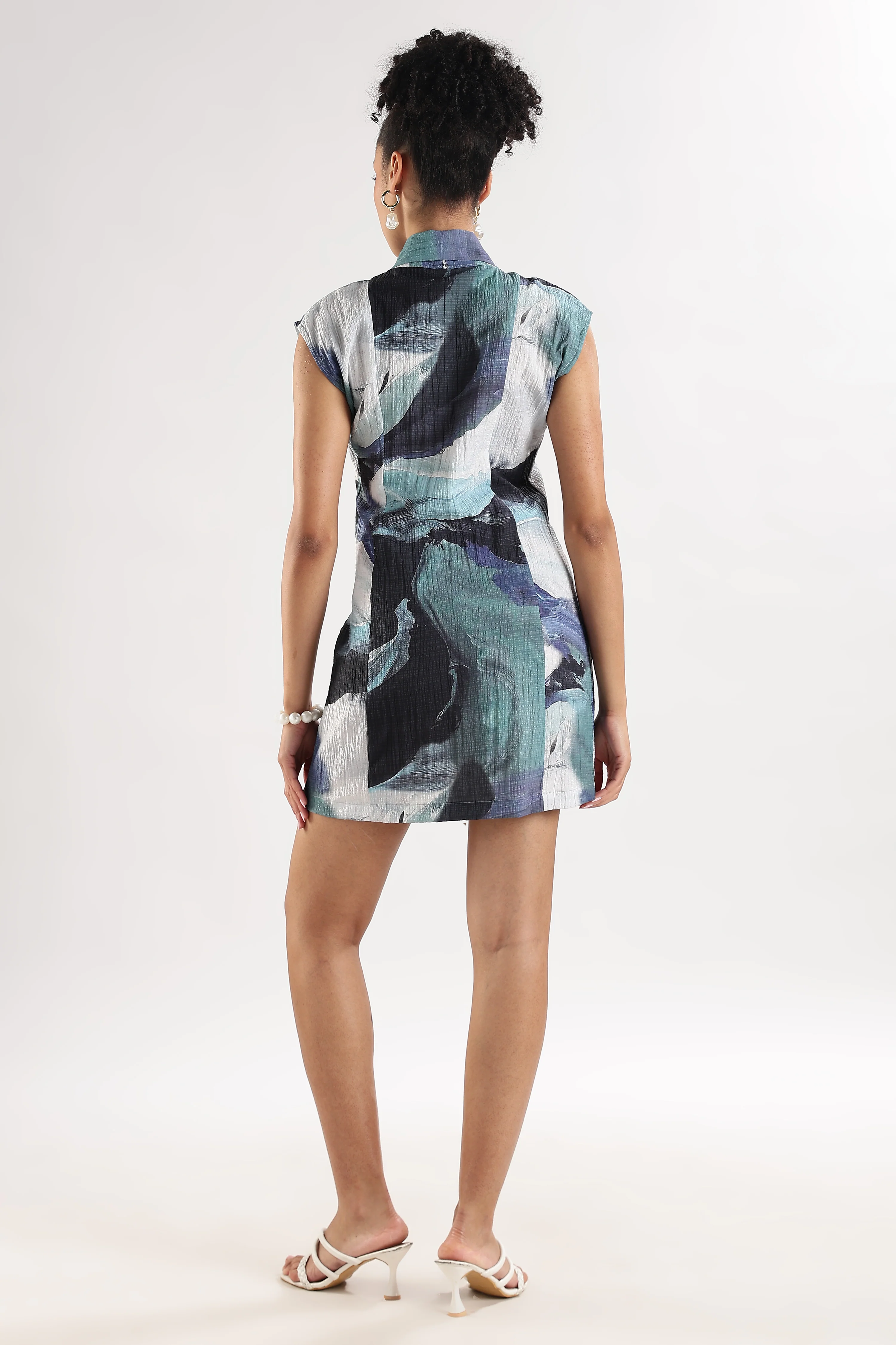 Women Blue Wrap Collar Dress - Image 2