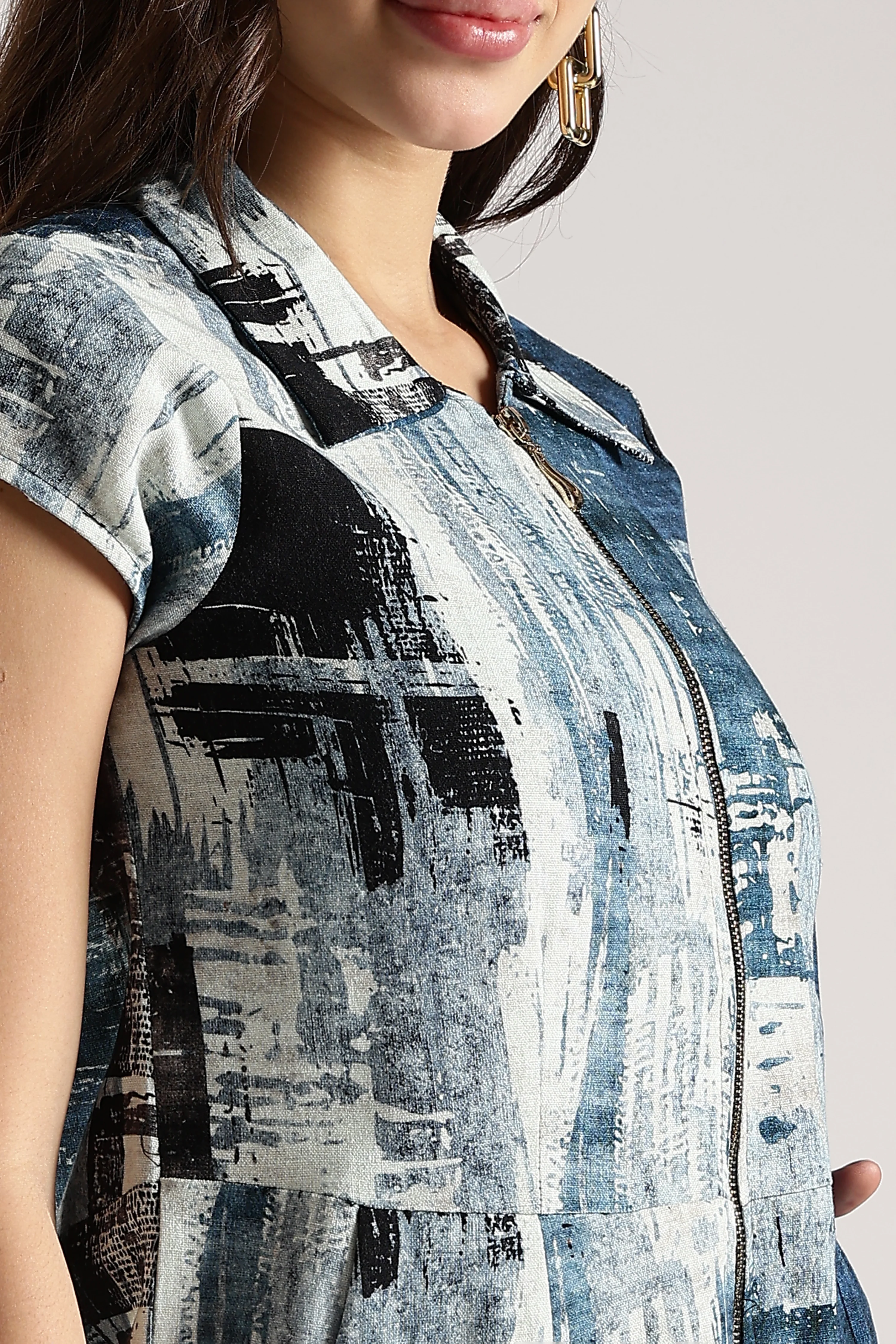 Women Blue Front Zipper Shirt Dress - Image 3
