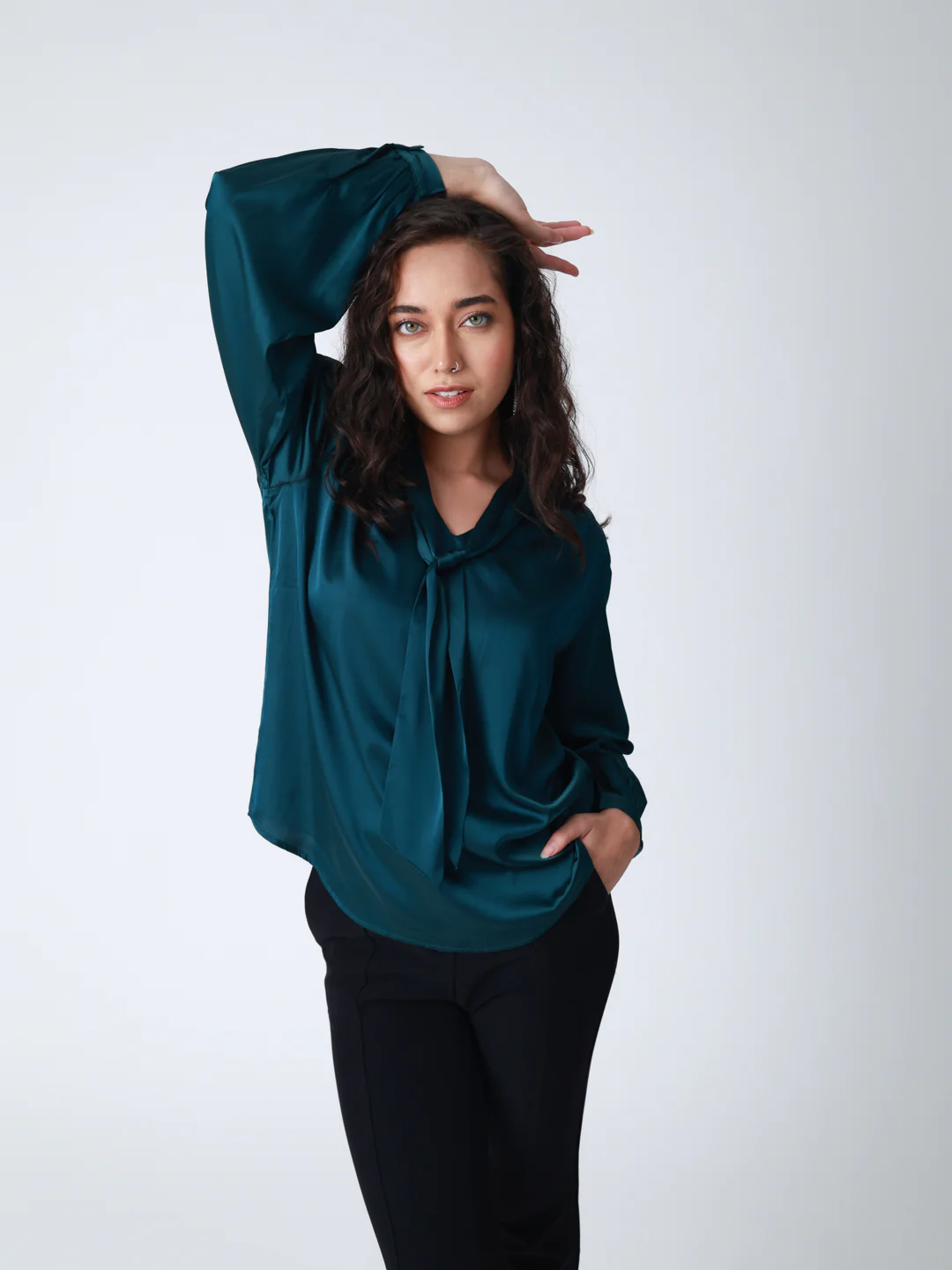 Women Bottle Green Satin Cuffed Top - Image 2