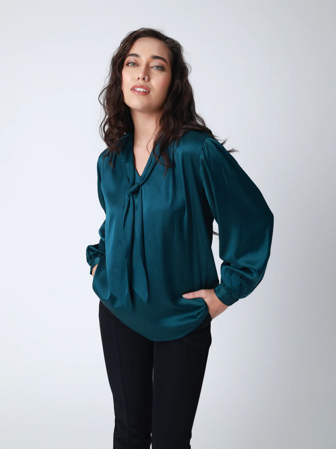 Women Bottle Green Satin Cuffed Top - Image 3