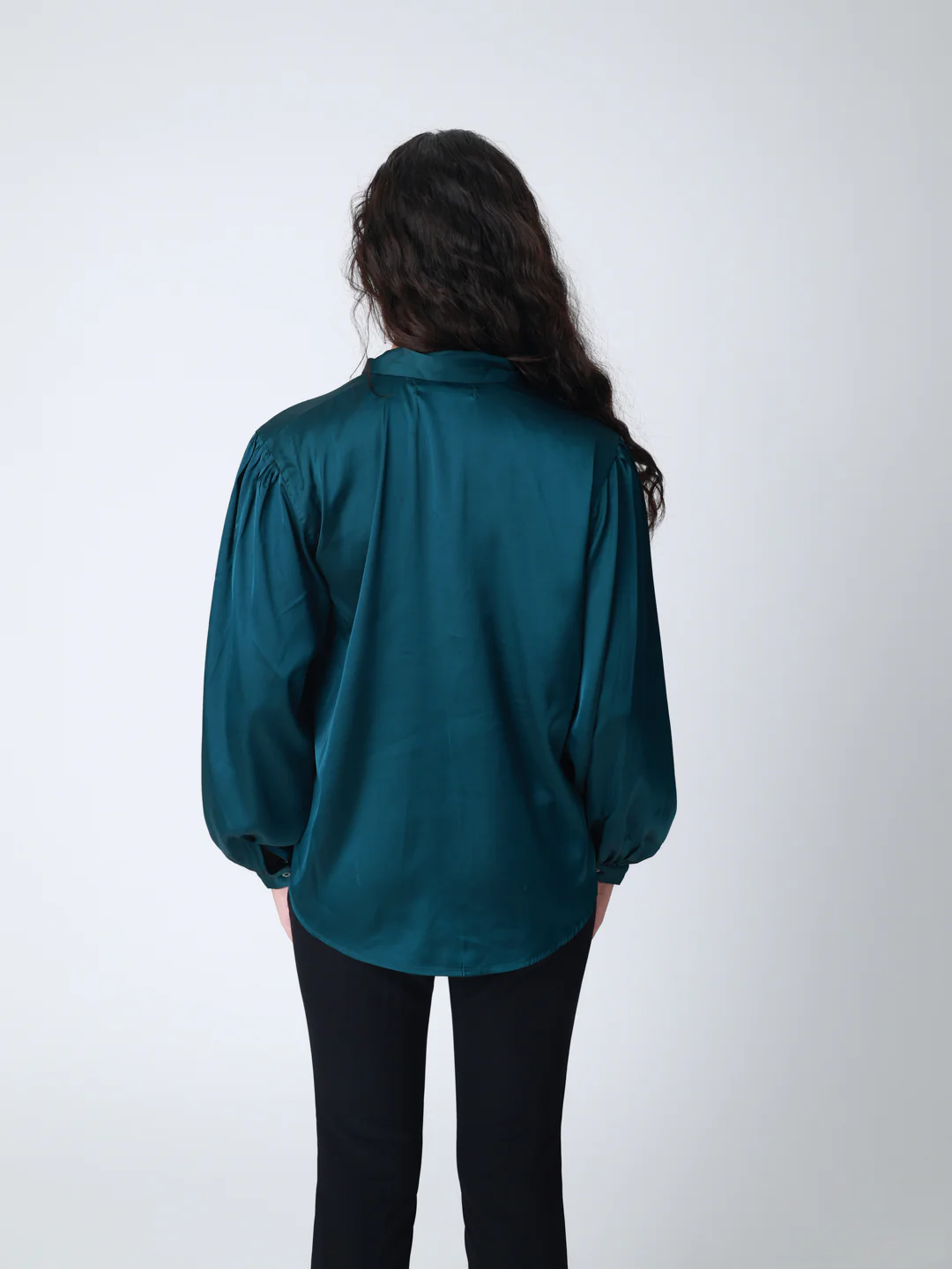 Women Bottle Green Satin Cuffed Top - Image 4