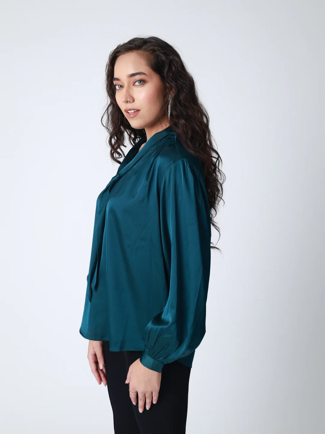 Women Bottle Green Satin Cuffed Top - Image 5