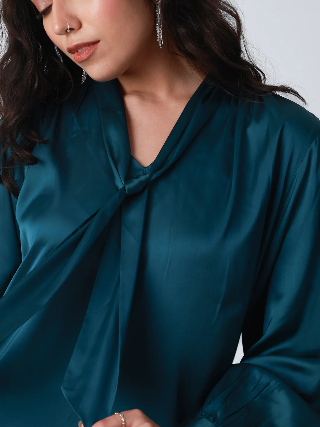 Women Bottle Green Satin Cuffed Top - Image 6
