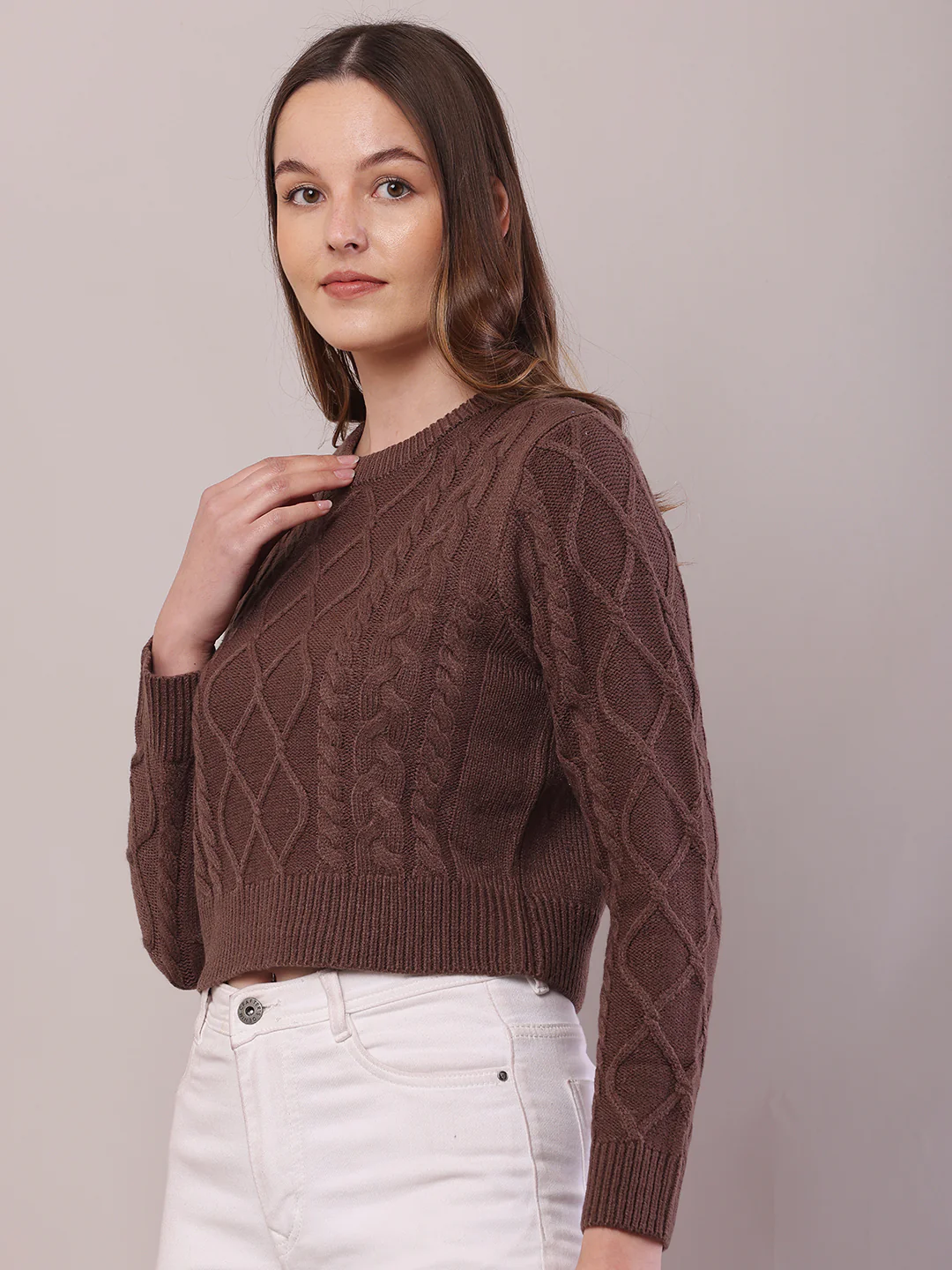 Women Brown Acrylic Cable Knit Full Sleeve Sweater - Image 2