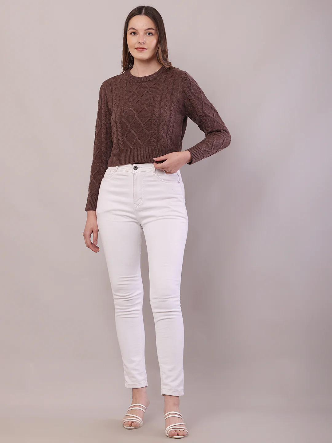 Women Brown Acrylic Cable Knit Full Sleeve Sweater - Image 3