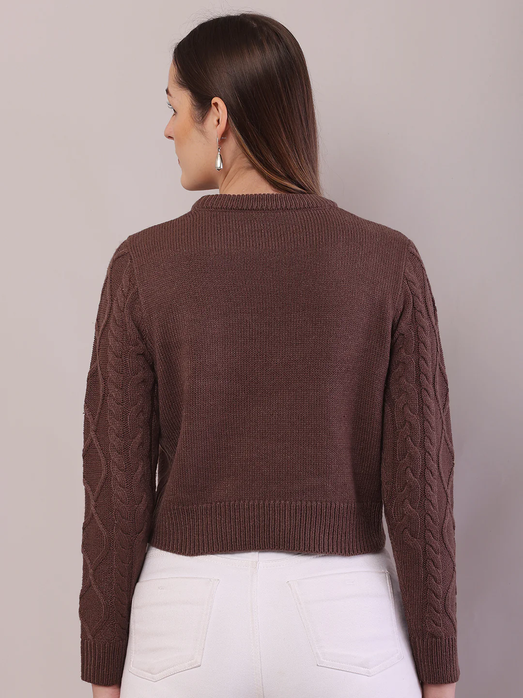 Women Brown Acrylic Cable Knit Full Sleeve Sweater - Image 4