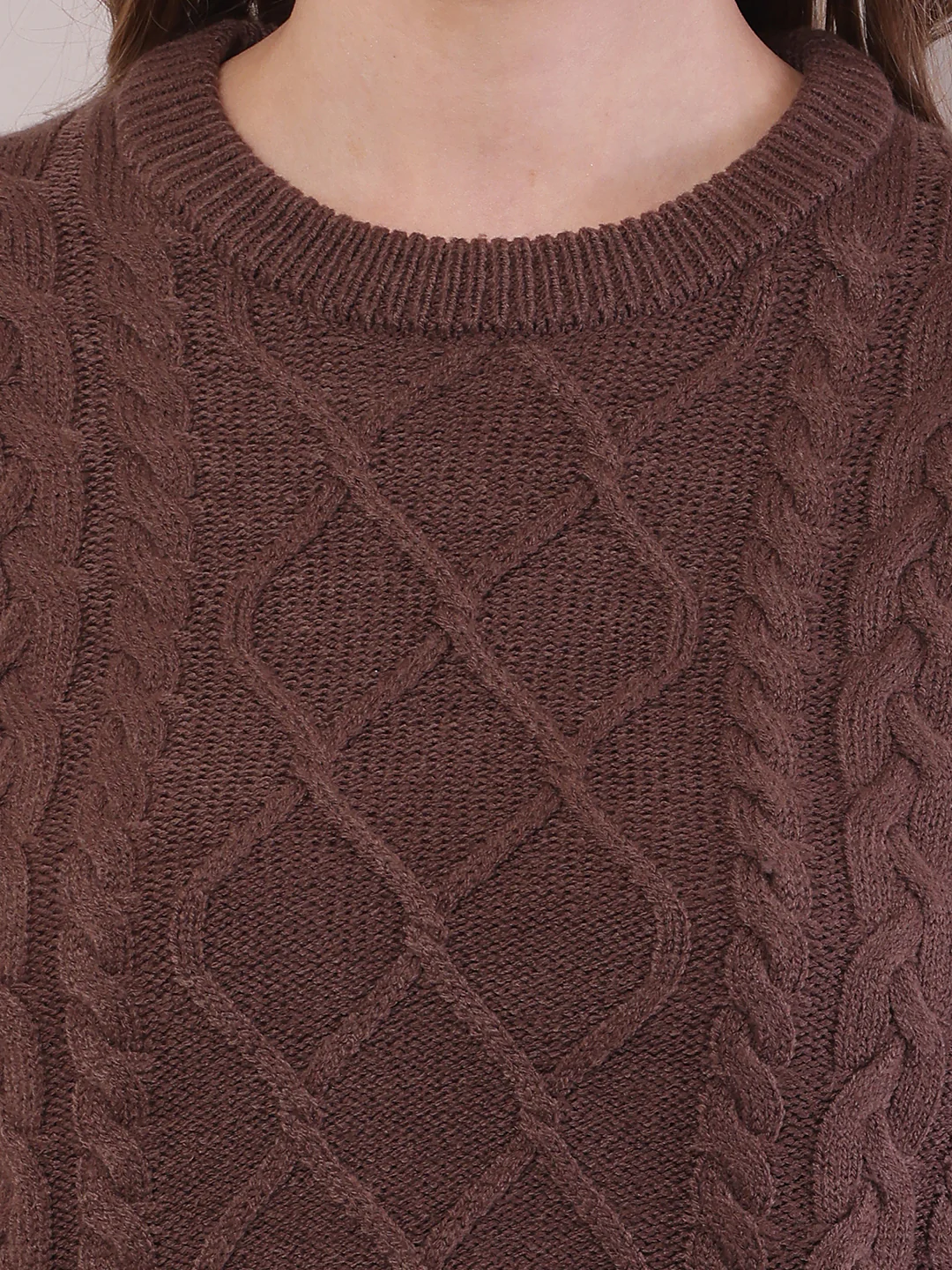 Women Brown Acrylic Cable Knit Full Sleeve Sweater - Image 5