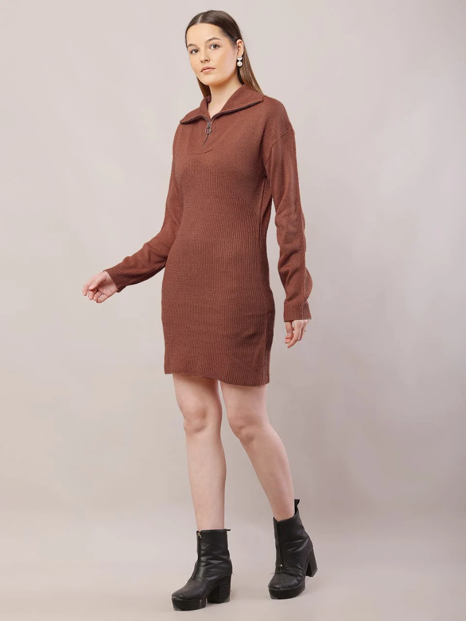 Women brown acrylic shirt collar sweater dress - Image 2