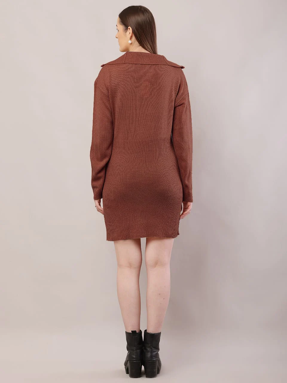 Women brown acrylic shirt collar sweater dress - Image 3