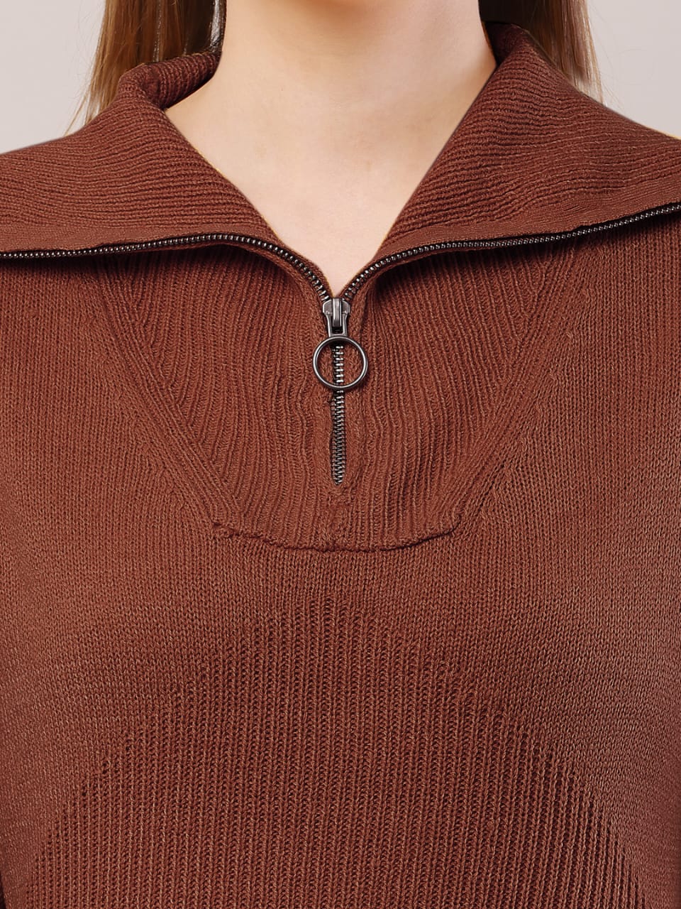 Women brown acrylic shirt collar sweater dress - Image 4