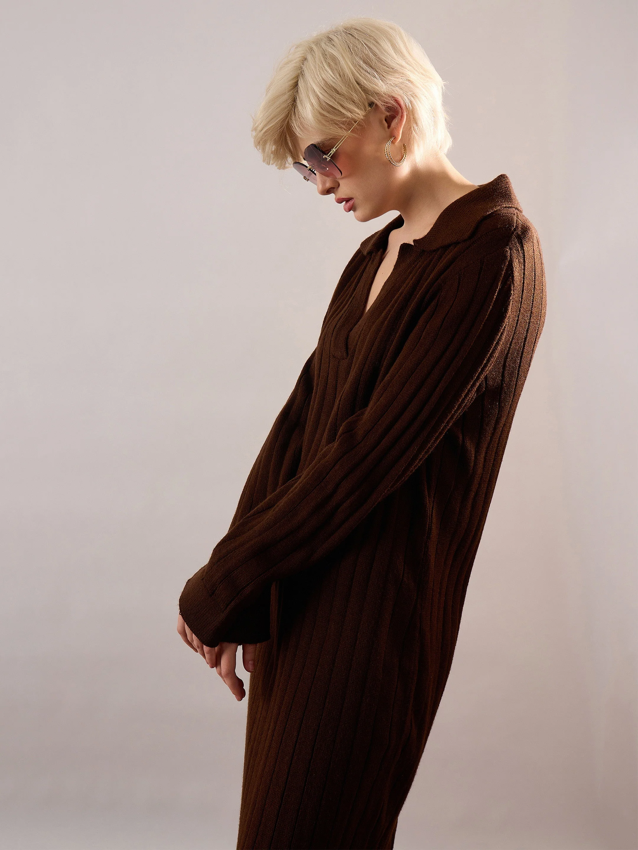 Women Brown Acrylic Wool Collar Midi Dress - Image 2