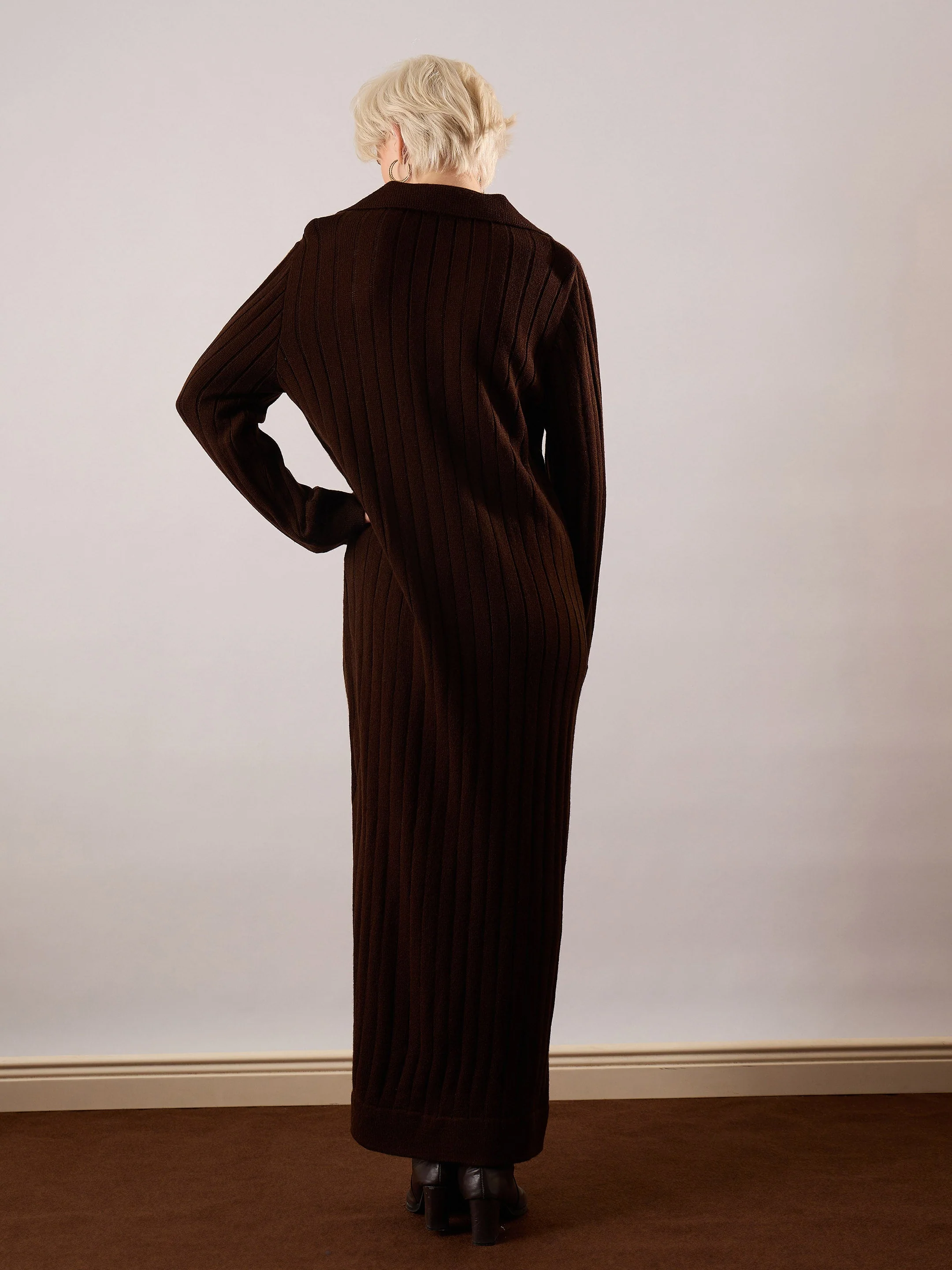 Women Brown Acrylic Wool Collar Midi Dress - Image 5