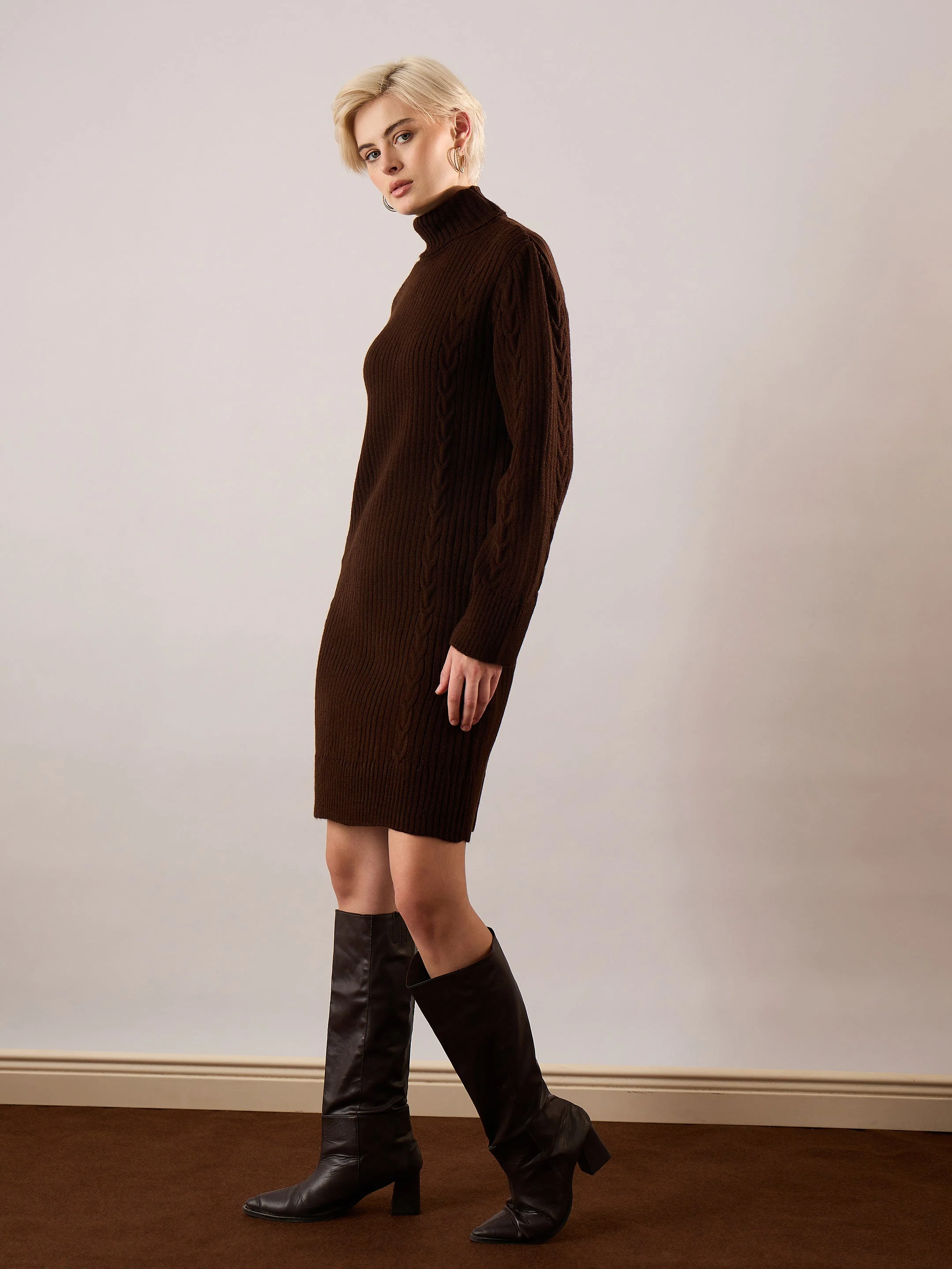 Women Brown Acrylic Wool Turtle Neck Short Dress - Image 3