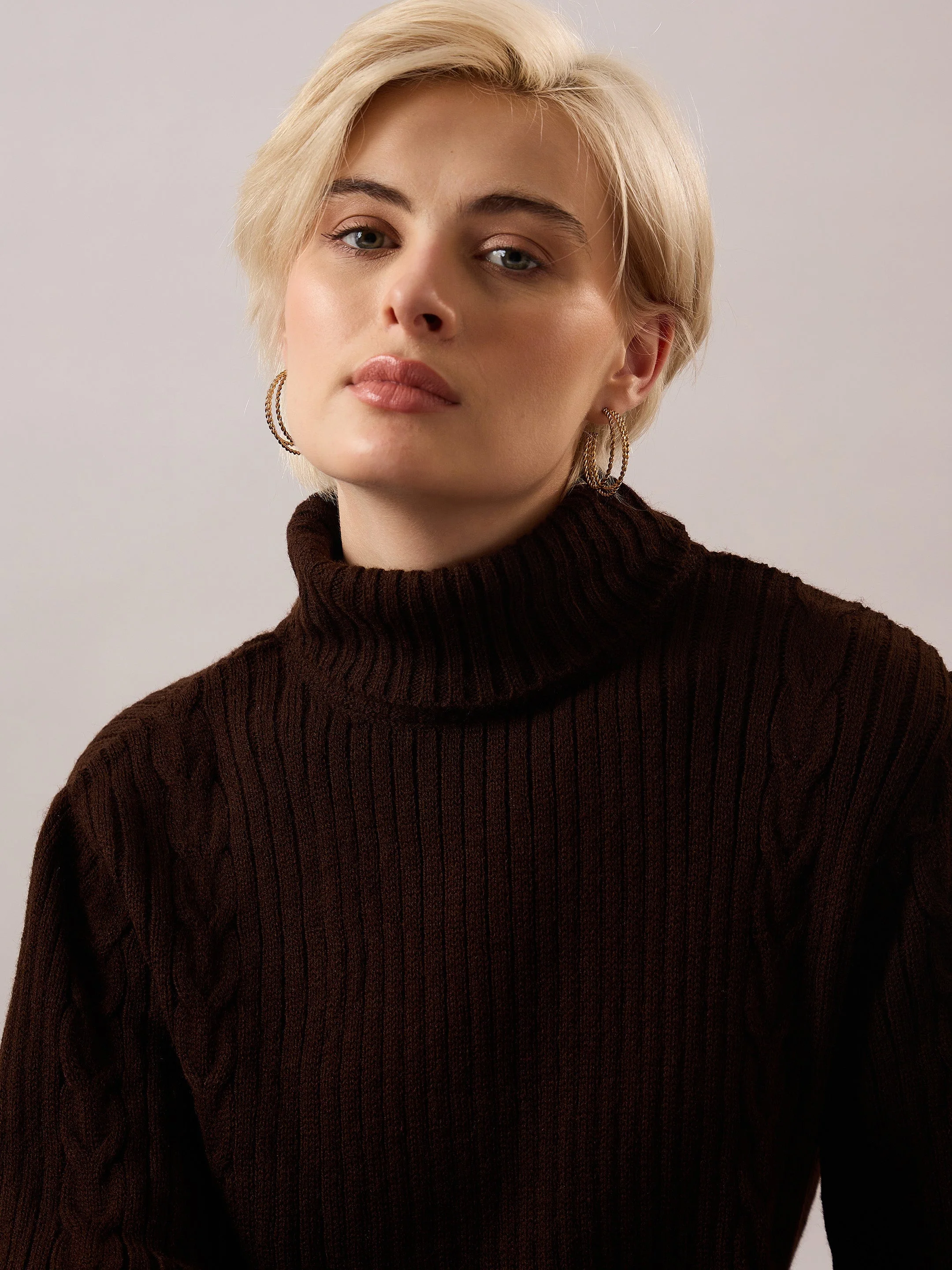 Women Brown Acrylic Wool Turtle Neck Short Dress - Image 4