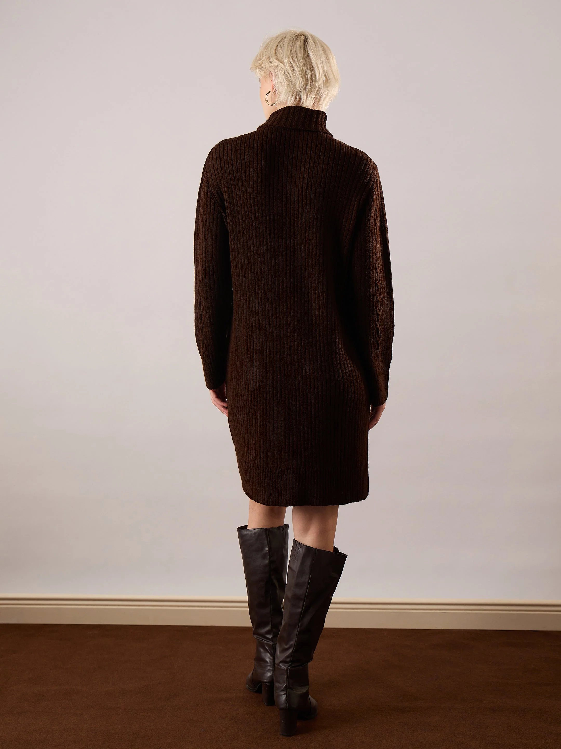 Women Brown Acrylic Wool Turtle Neck Short Dress - Image 5
