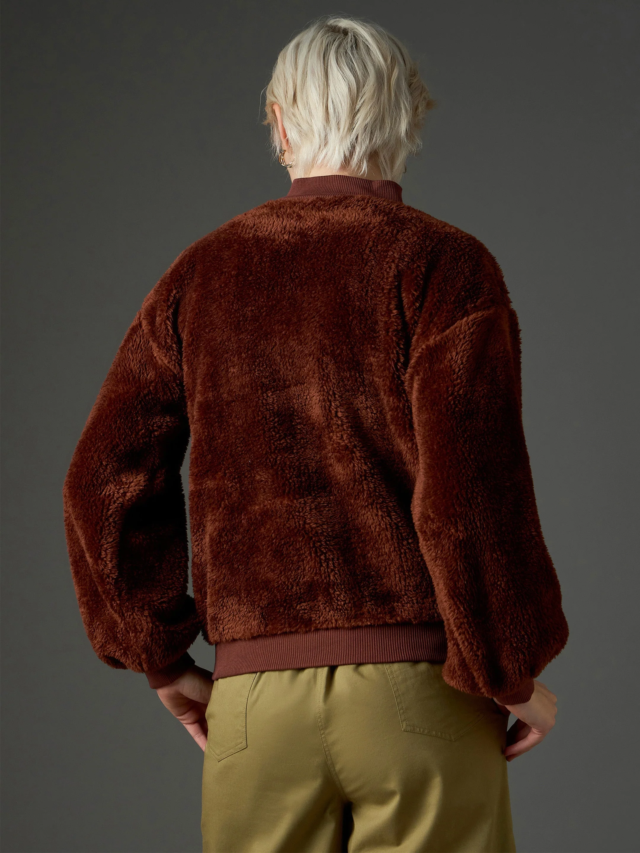 Women Brown Balloon Sleeve Faux Fur Sweatshirt - Image 5